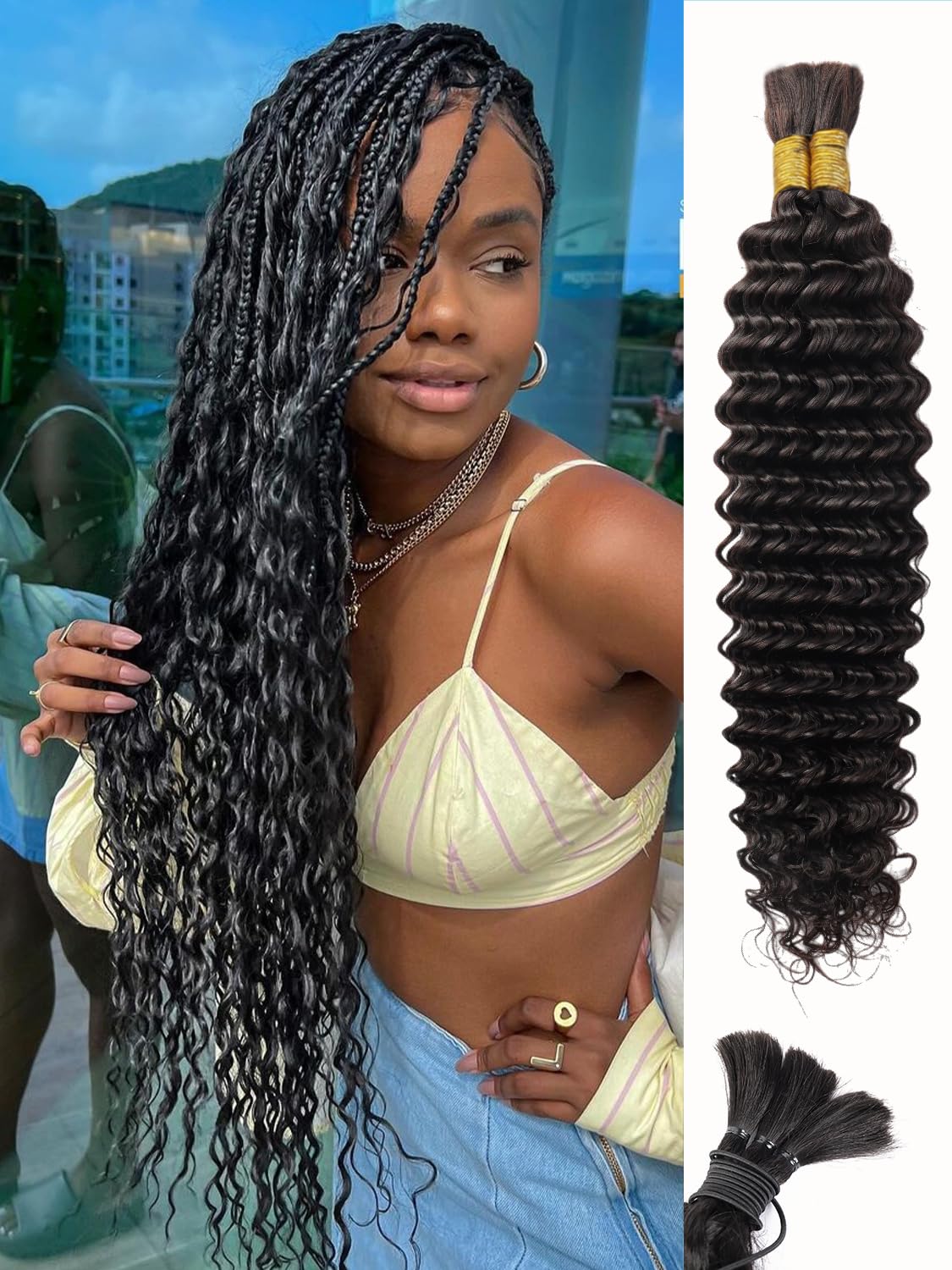Human Braiding Hair 100g 16 Inch Deep Water Wave Bulk Human Hair for Braiding No...