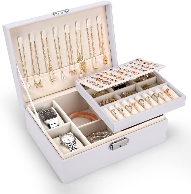 Pystuvo Jewellery Box for Women, 2-Layer Large Jewellery Organiser Box with 2 Wa...