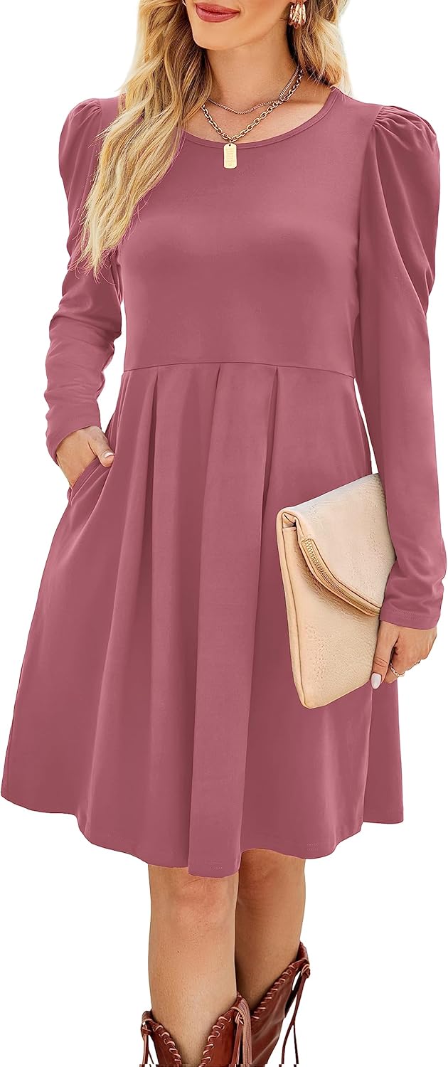 Aokosor Womens Casual Dress Gigot Long Sleeve Dress Ladies Pleated Tunic Dress w...