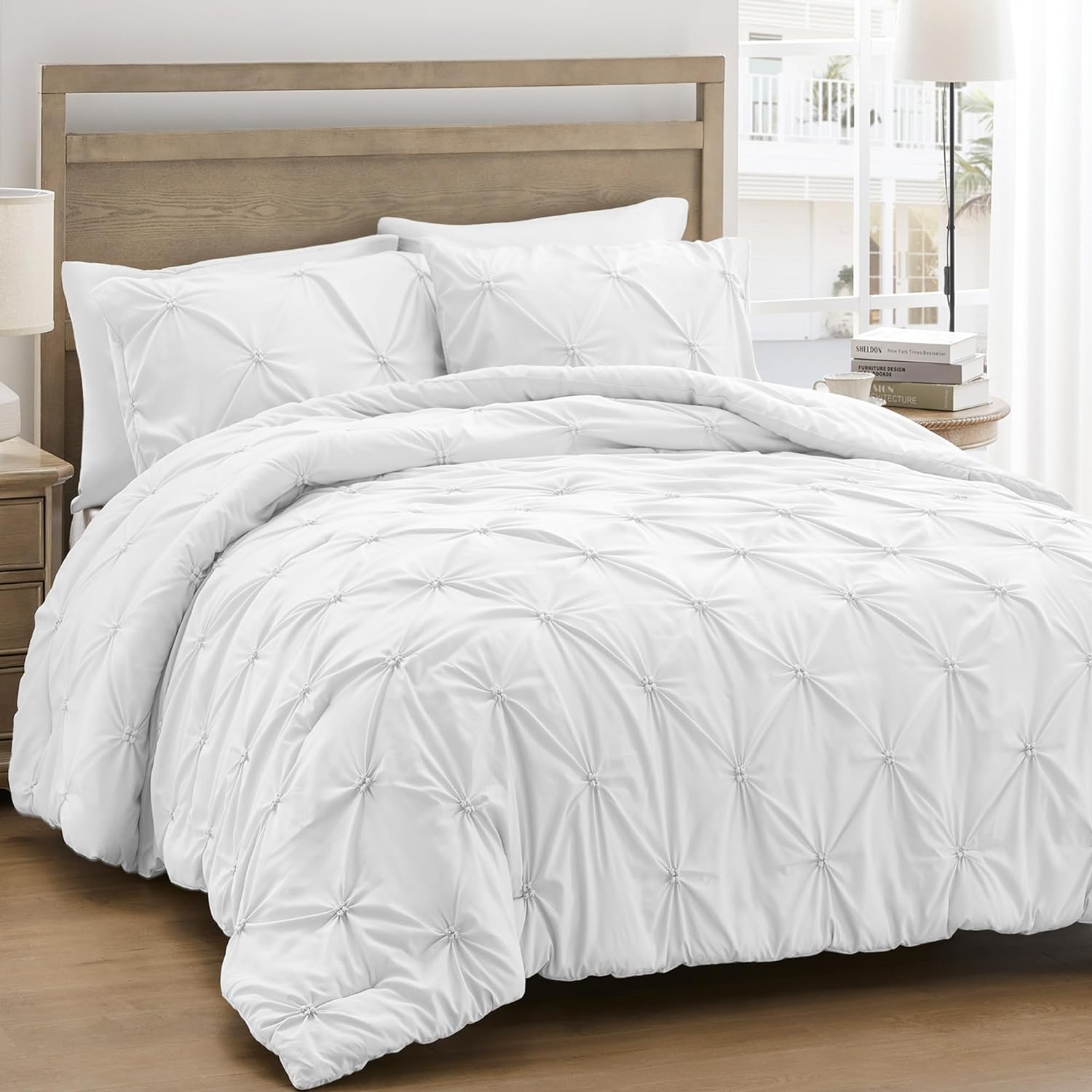 UNIKOME King Size Comforter Set White - Soft Fluffy Pintuck Down Alternative Bed...