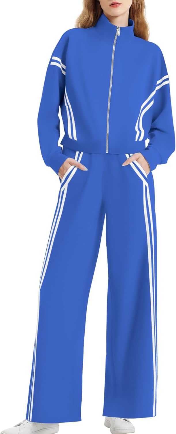 Women's 2 Piece Outfits Zip Up Sweatshirt Contrast Striped Wide Leg Sweatpants S...