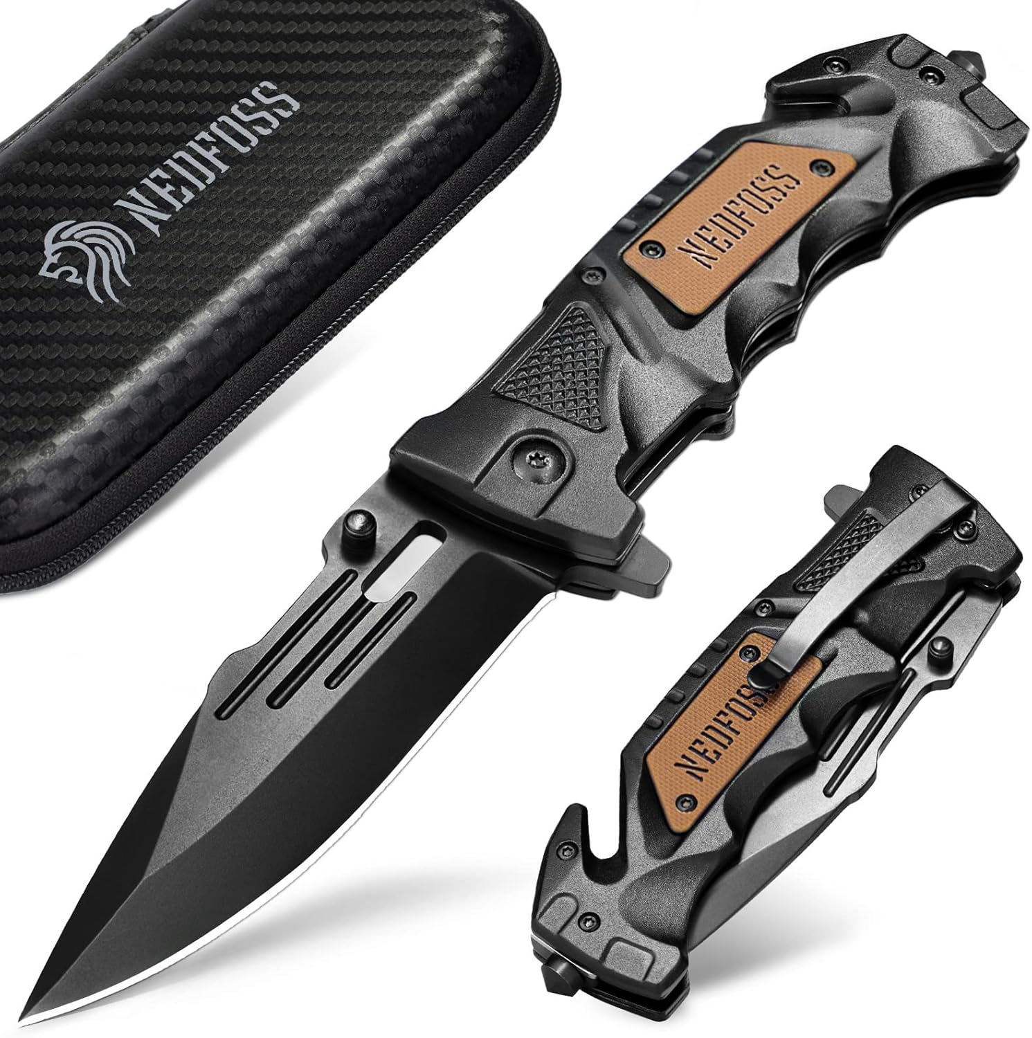 NedFoss Pocket Folding Knife DA75, 3 in 1 Pocket Knife for Men, Survival Knife w...