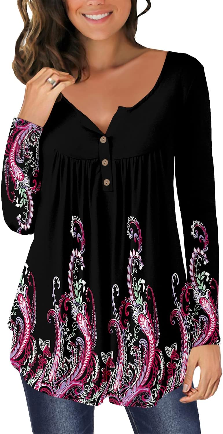 Chiczone Womens Tunic Tops, Special Plain Pleated V Neck Buttons Up Blouse, Inno...
