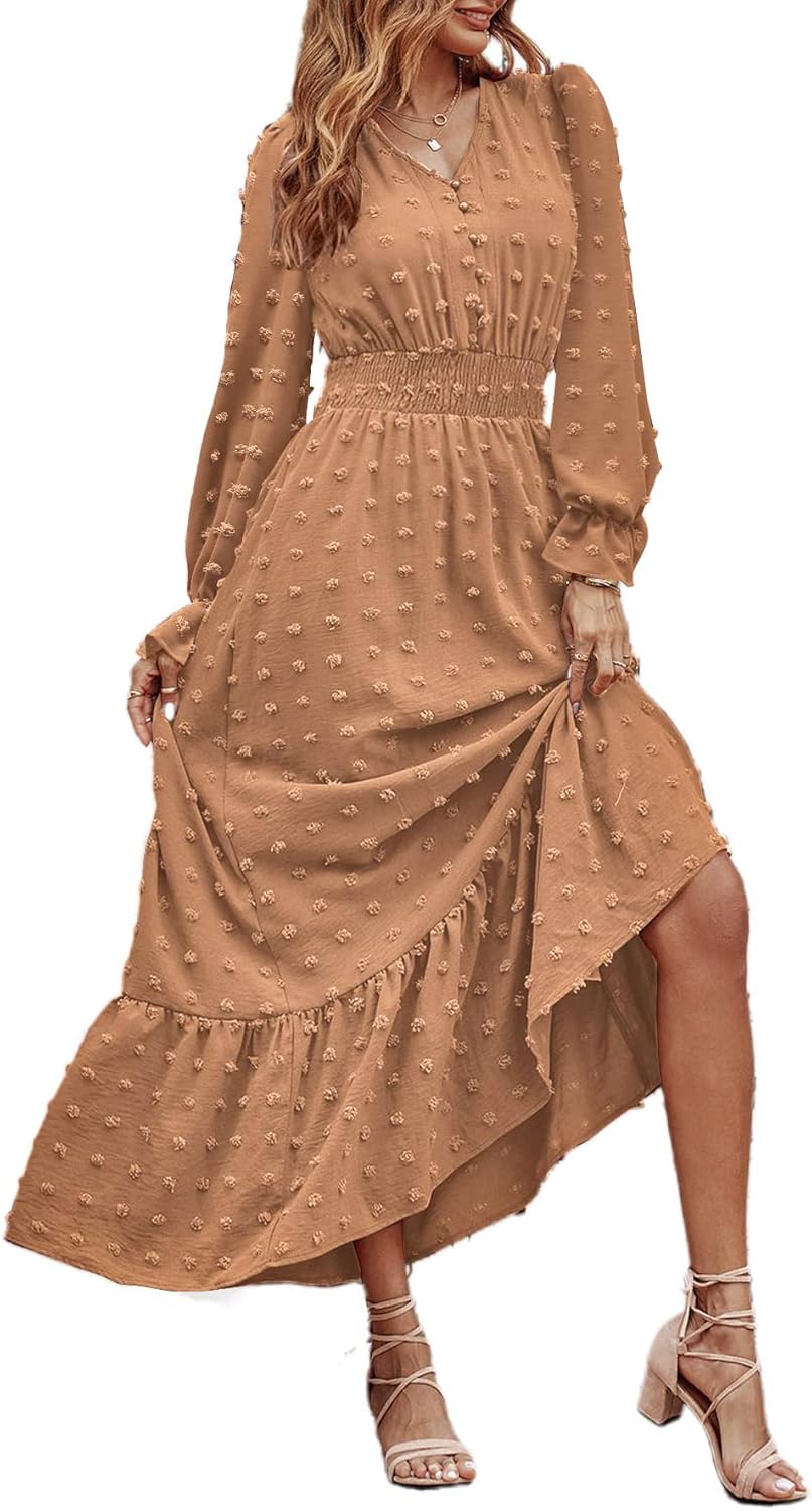 MASCOMODA Women Boho Maxi Dress, Special Long Sleeve V Neck Dress, Innovative Sw...