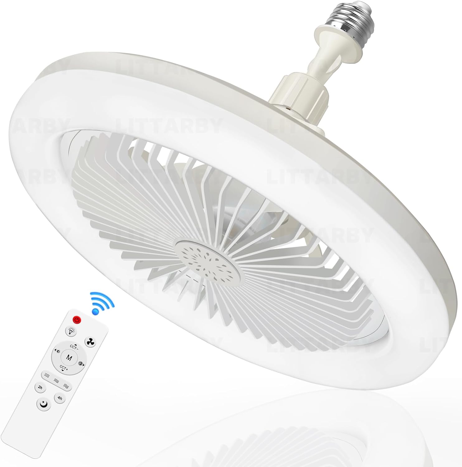 Socket Fan Light with Remote Control, 3 Colors 3000K-6500K Dimmable LED Light Bu...
