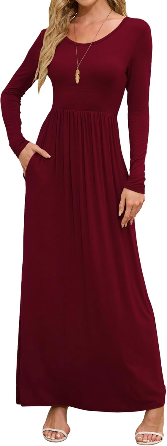 DEARCASE Women's Maxi Dress Long Sleeve Crewneck Loose Plain Casual Empire Waist...