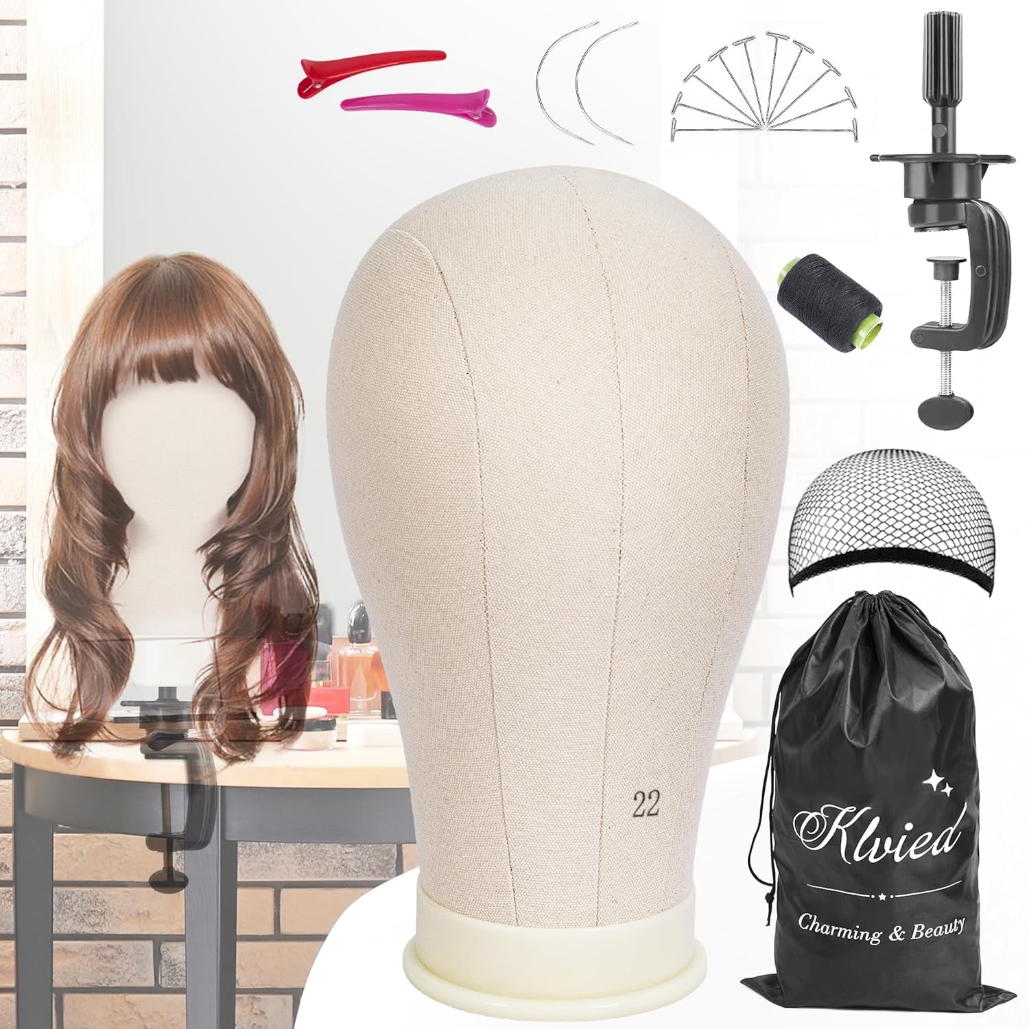 Klvied 22 Inch Cork Canvas Block Head Mannequin Head for Wigs, Wig Head Stand fo...