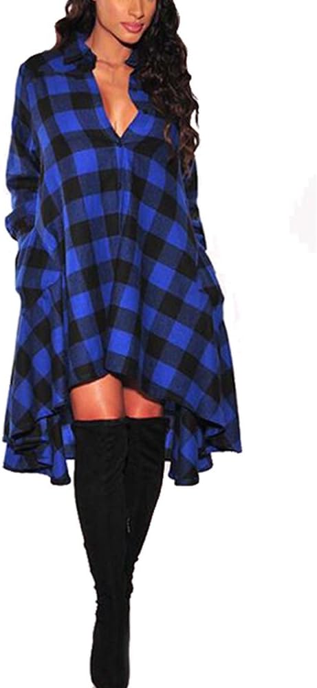 olrain Womens Plaids V Neck Long Sleeve Irregular Hem Casual Shirt Dress XX-Larg...