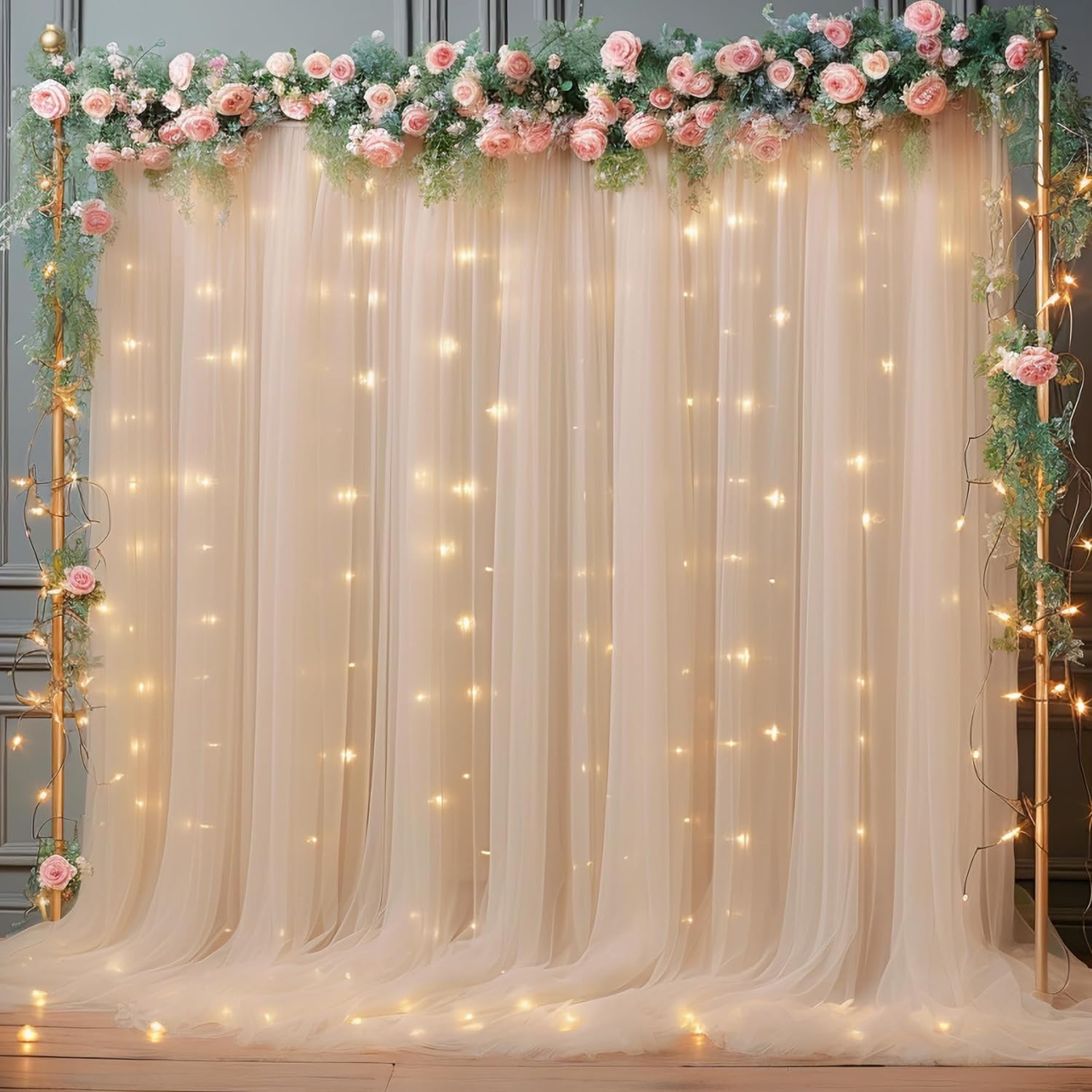 10x10ft Champagne Tulle Backdrop Curtain with Lights String for Parites, Sheer B...