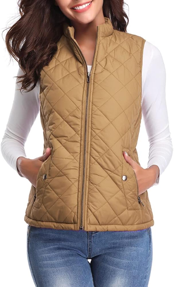 fuinloth Women's Quilted Gilet, Stand Collar Lightweight Zip Padded Vest M Camel