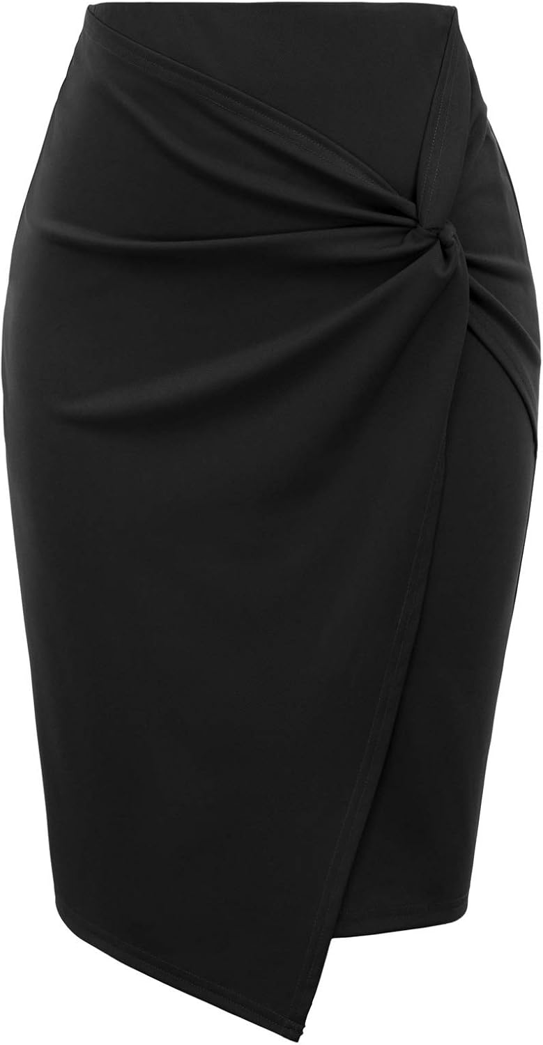 Kate Kasin Wear to Work Pencil Skirts for Women Elastic High Waist Wrap Front Kn...