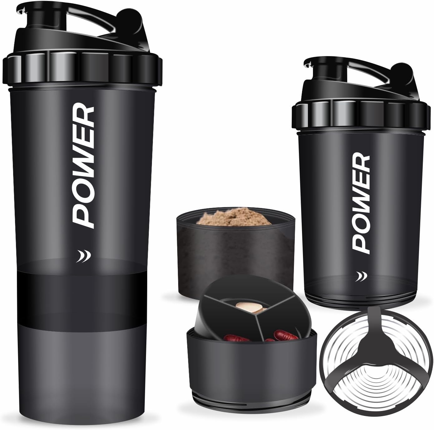 ACUNA Protein Shaker Bottle 600ml- 3 Layered Twist Off Cups For Pill & Supplemen...