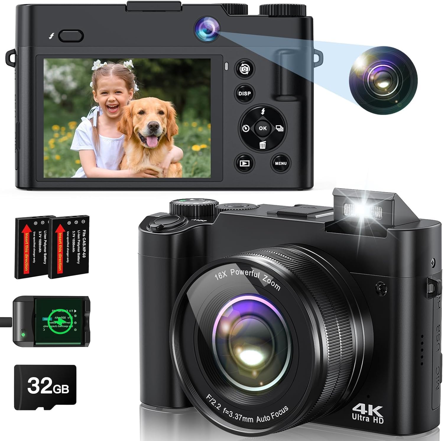 4K Digital Camera for Photography, 64MP Autofocus Vlogging Camera for YouTube wi...