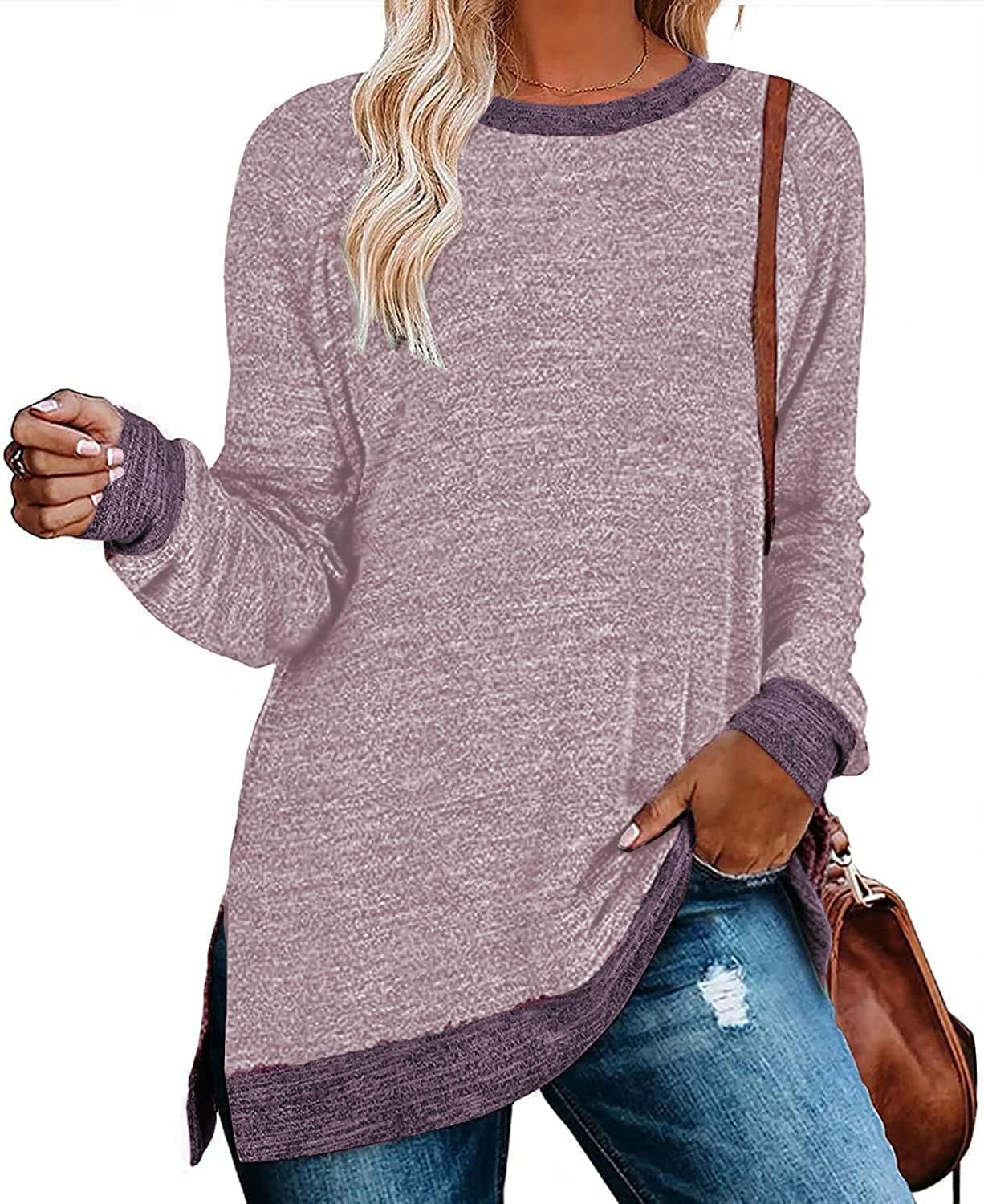 WELINCO Womens Crewneck Pullovers Color Block Long Sleeve Side Split Tunic Tops...