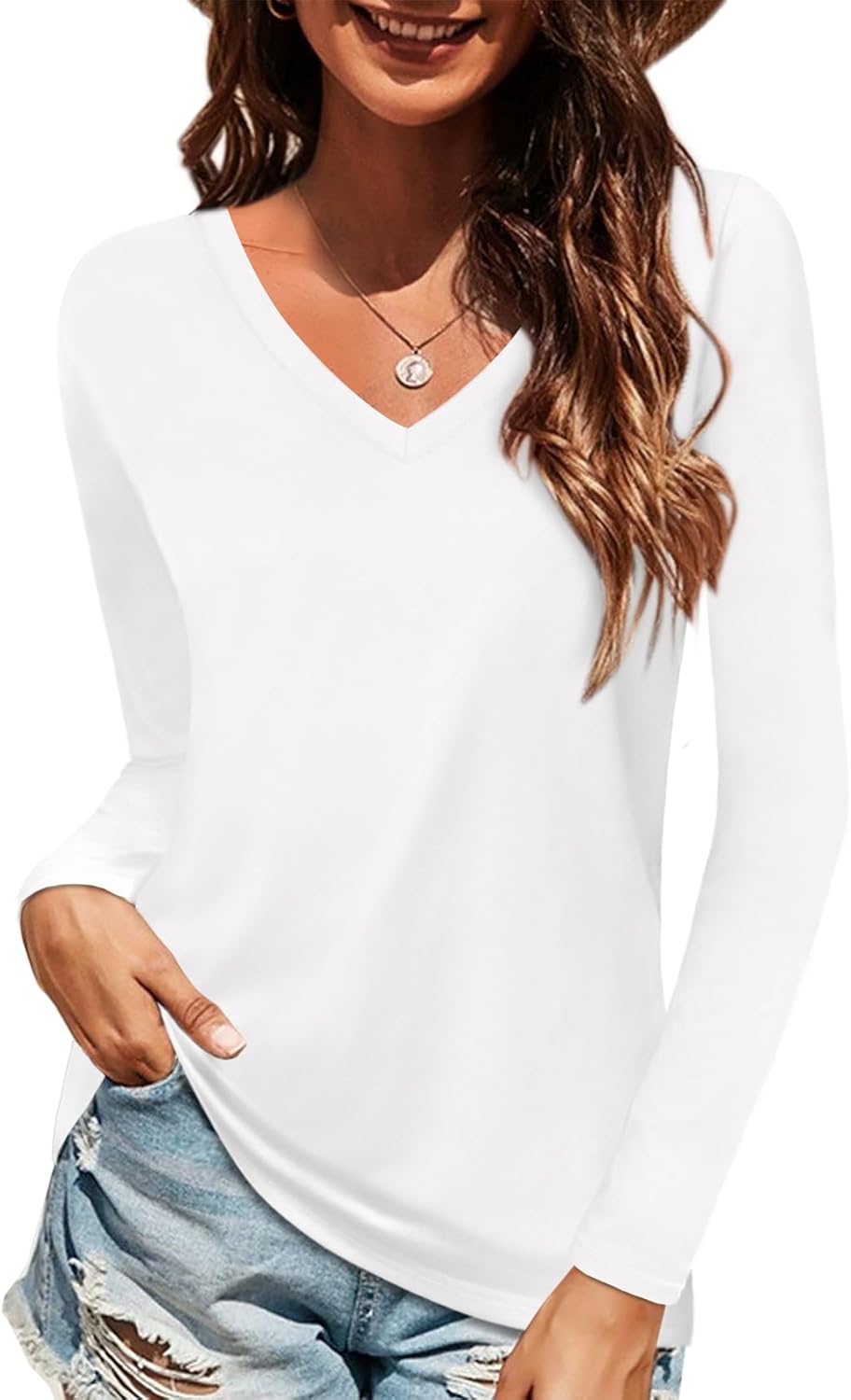 Elesomo Women Shirts V Neck Short/Long Sleeve Cotton Tops T-Shirt Basic Tees Med...