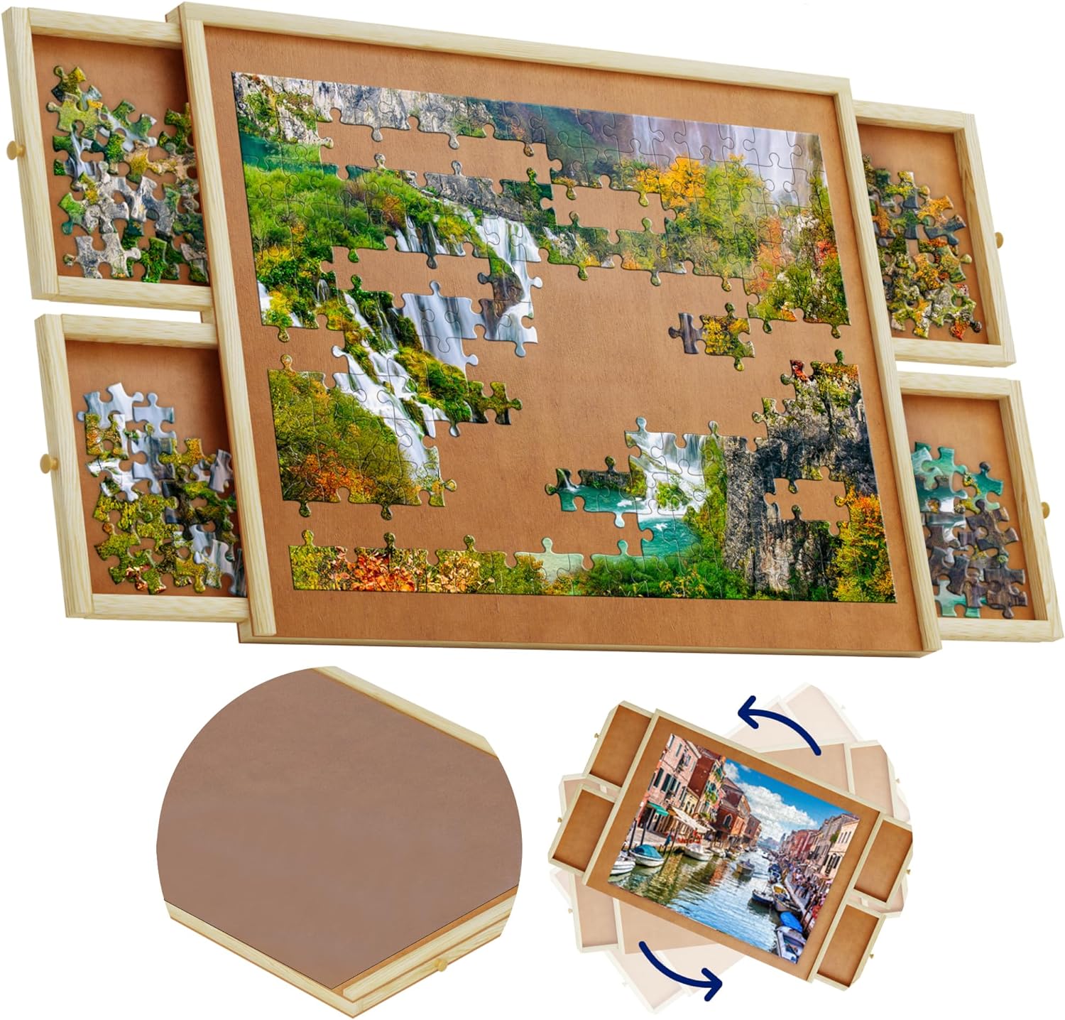1500 Piece Wooden Jigsaw Puzzle Table - 4 Drawers, Rotating Puzzle Board | 35” X...