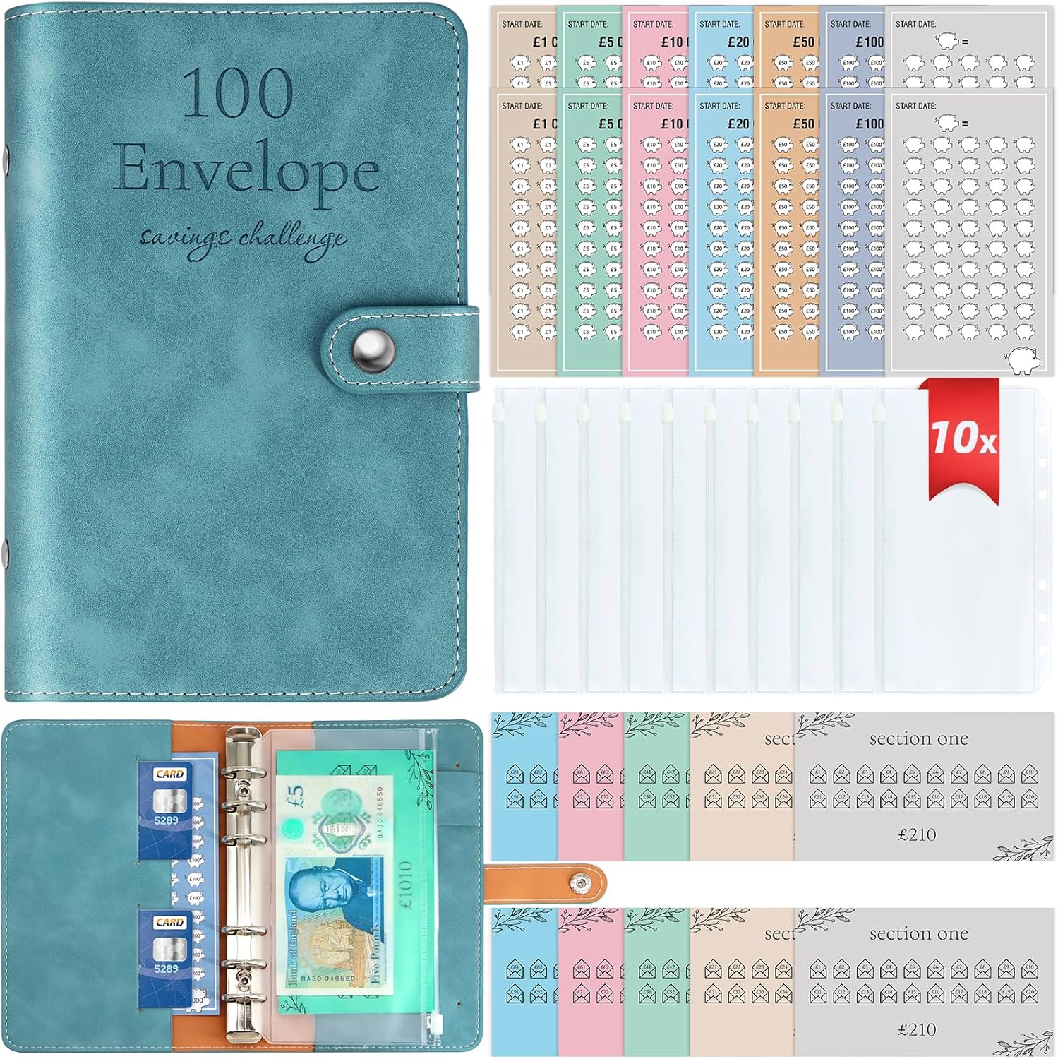 100 Envelope Challenge Binder, A6 Money Saving Wallet with Upgraded Cash Envelop...