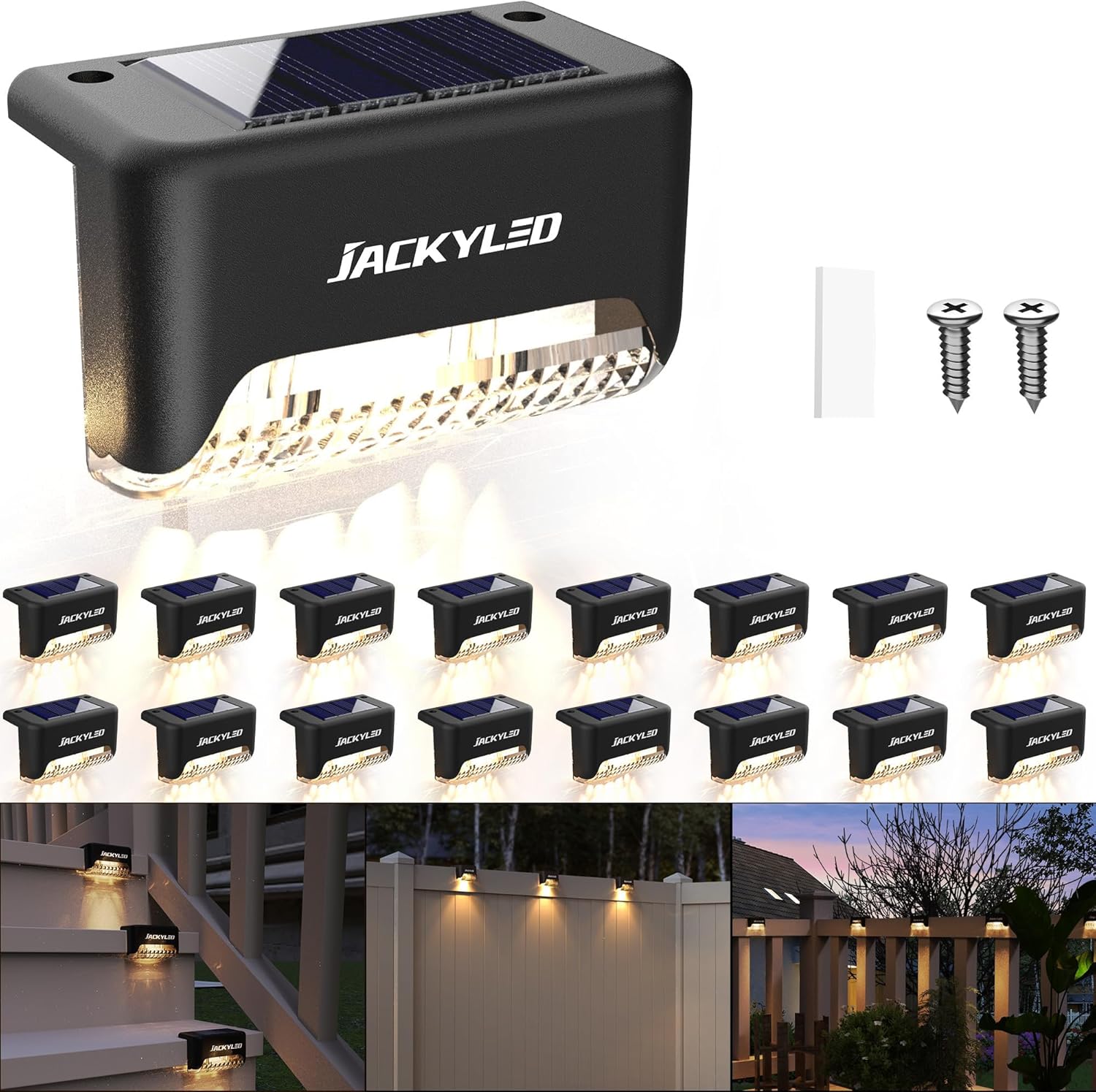 JACKYLED 16 Pack Solar Deck Lights Outdoor, Solar Fence Light Waterproof LED Sol...