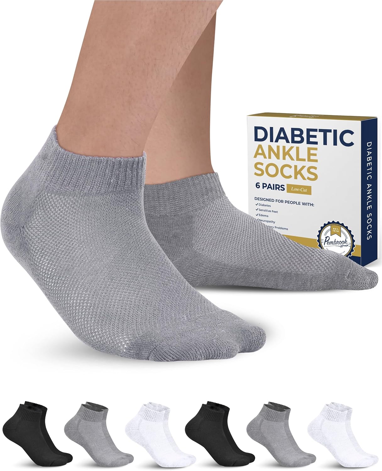 Pembrook Diabetic Ankle Socks for Men and Women - 6 Pairs Low Cut Seamless Diabe...