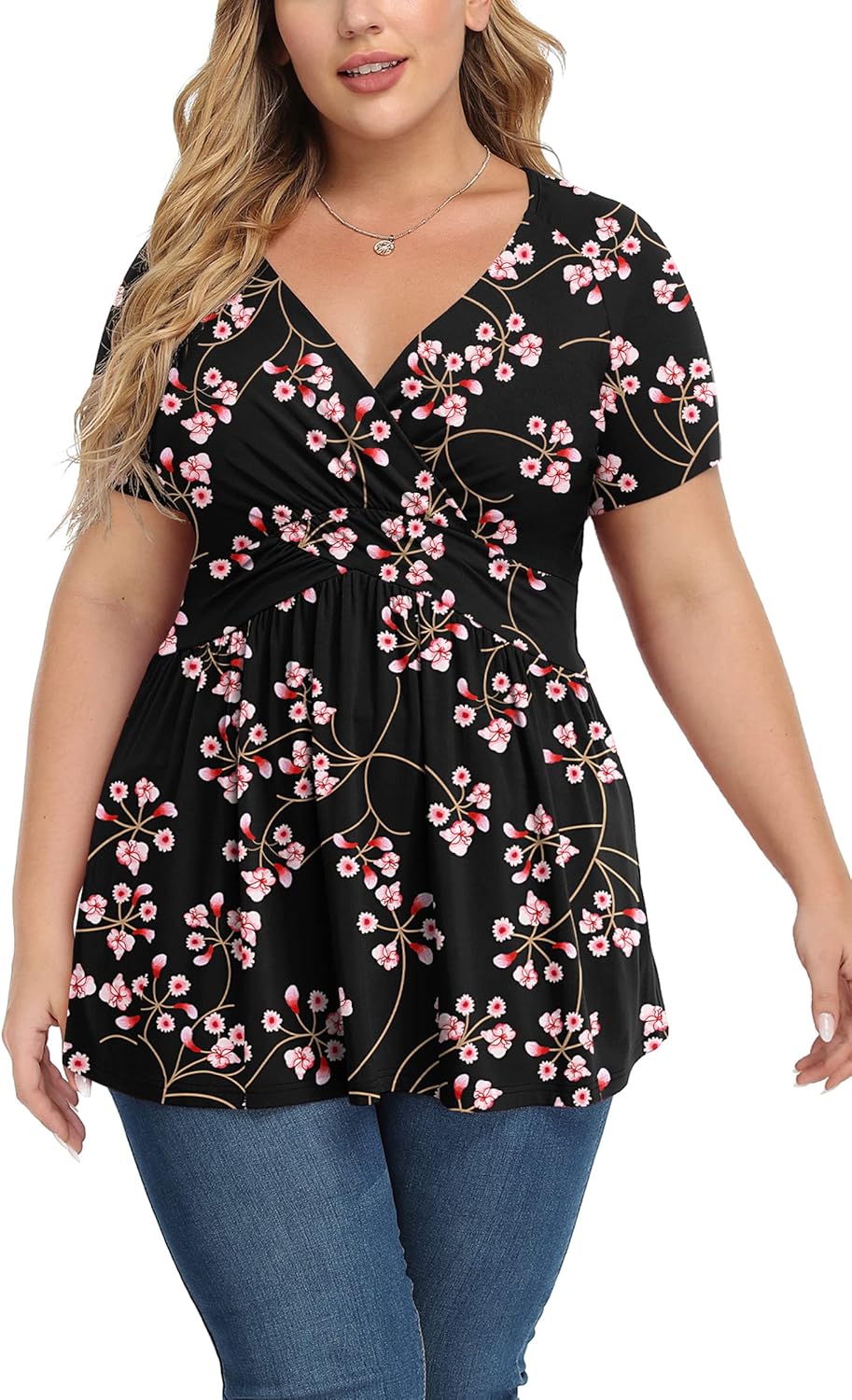 TIANZHU Women's Plus Size Dressy Tops Wrap Shirt Short Sleeve Tunic Top V Neck L...