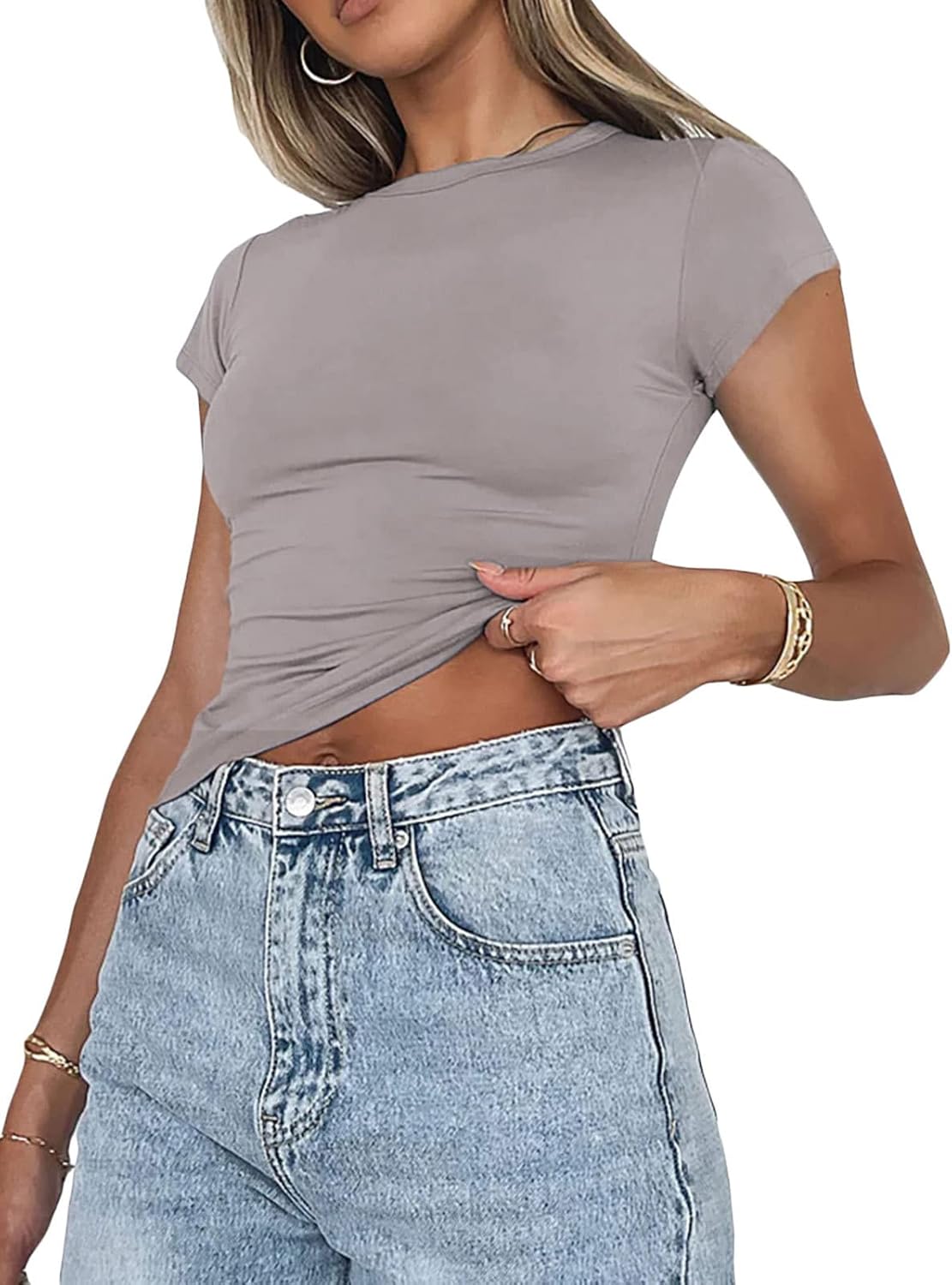 Women's Basic Slim Fit T-Shirt Top Short Sleeve Y2K Tops TikTok Influence Crop T...