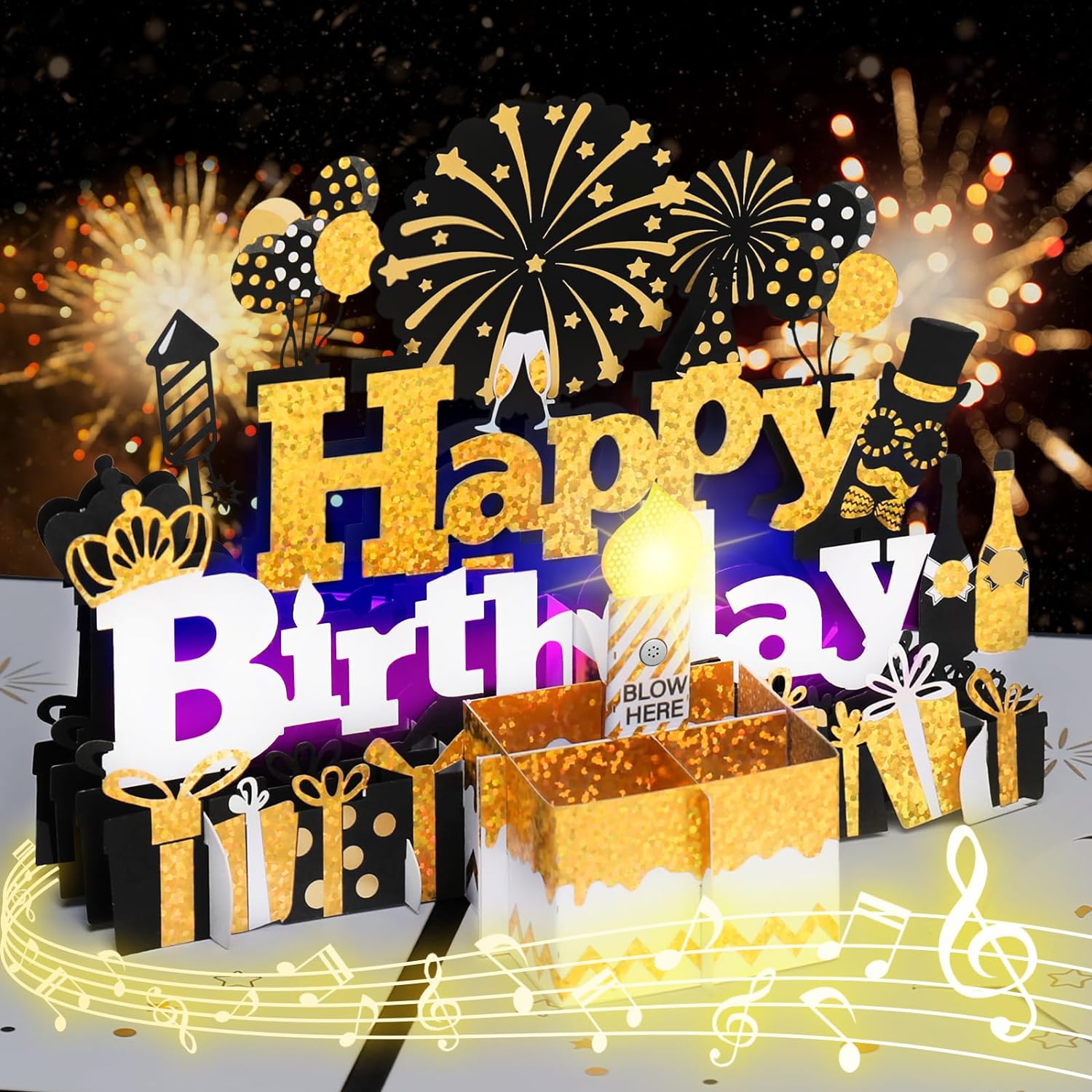 Birthday Card, Musical Birthday Cards with Blowable Light Candle Happy Birthday...