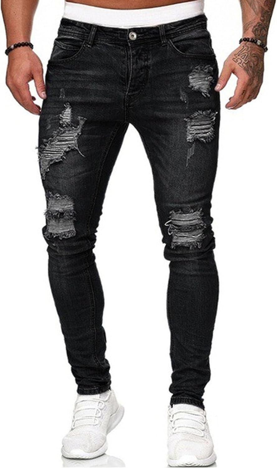 HUNGSON Men's Blue Slim Fit Jeans Stretch Destroyed Ripped Skinny Jeans Side Str...