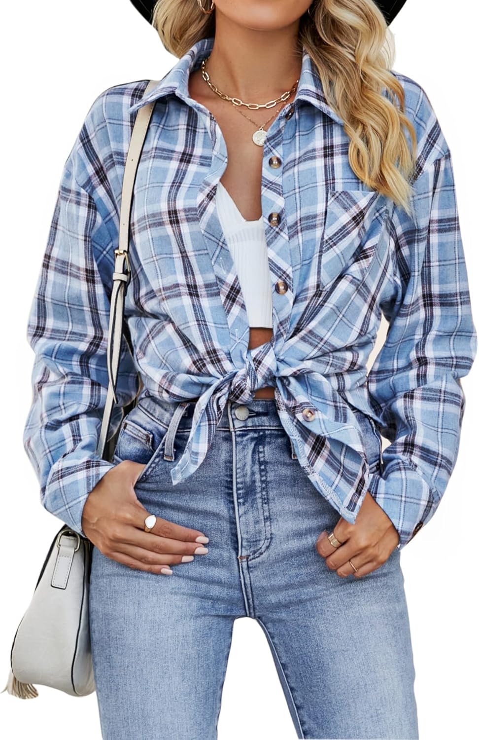 CHYRII Womens Button Down Flannel Shirts Long Sleeve Plaid Shackets Business Cas...
