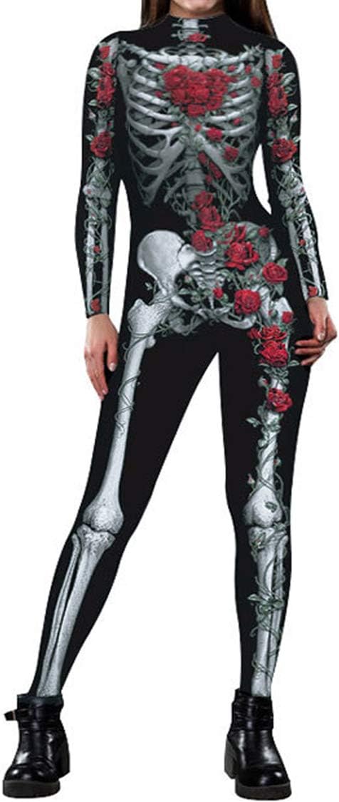 Fixmatti Women Halloween Party Costume Skull Print Long Sleeve Jumpsuit Outfit L...