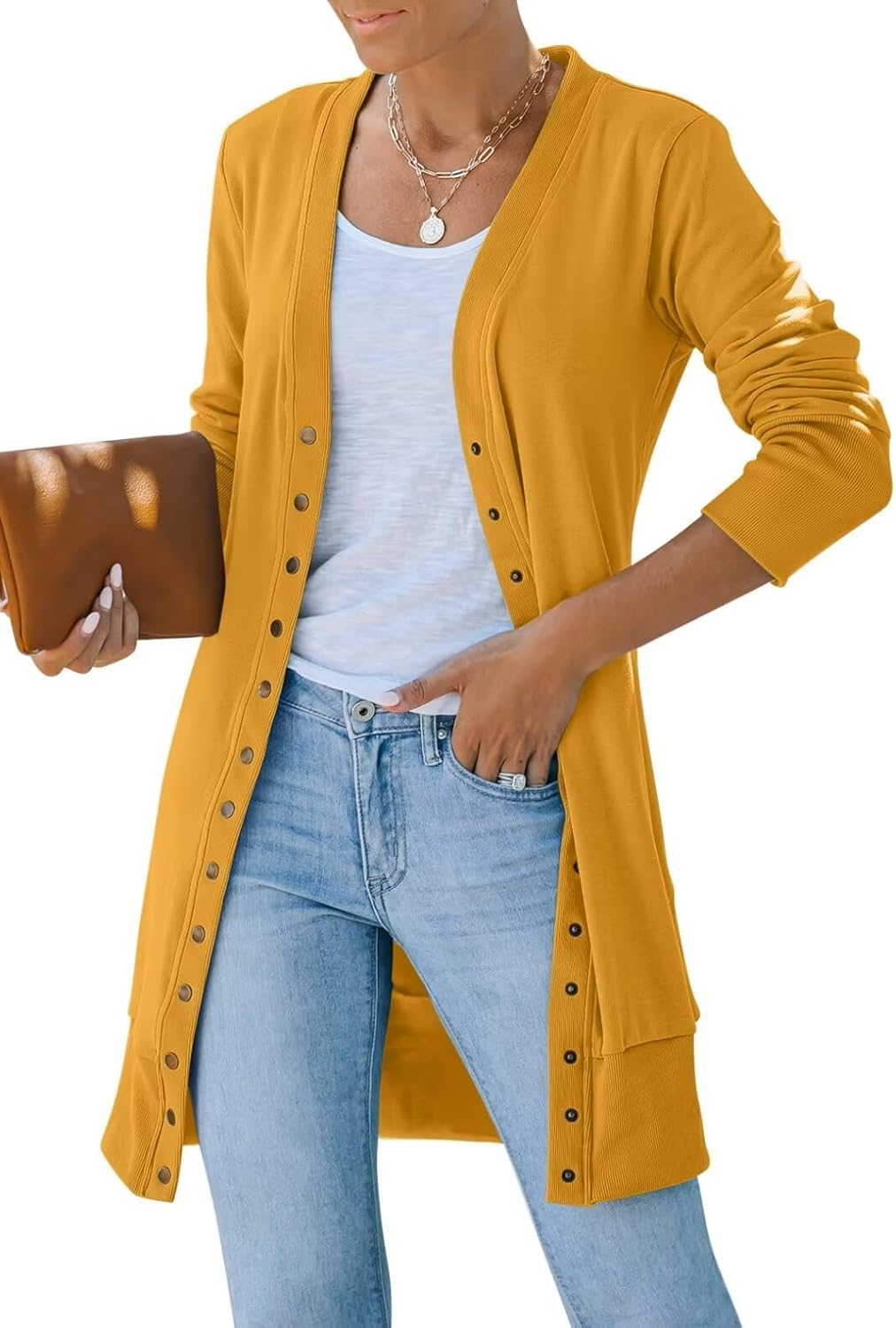 MEROKEETY Women's 2024 Fall Long Sleeve Snap Button Down Solid Color Knit Ribbed...