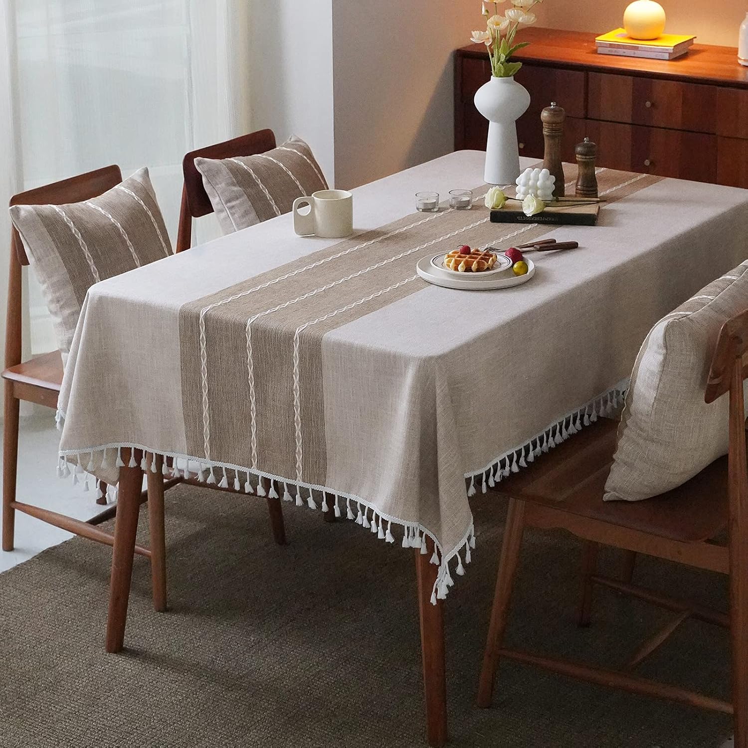 MOKANI Middle Embroidery Table Cloth Washable Cotton Linen Tassel Tablecloth, Re...