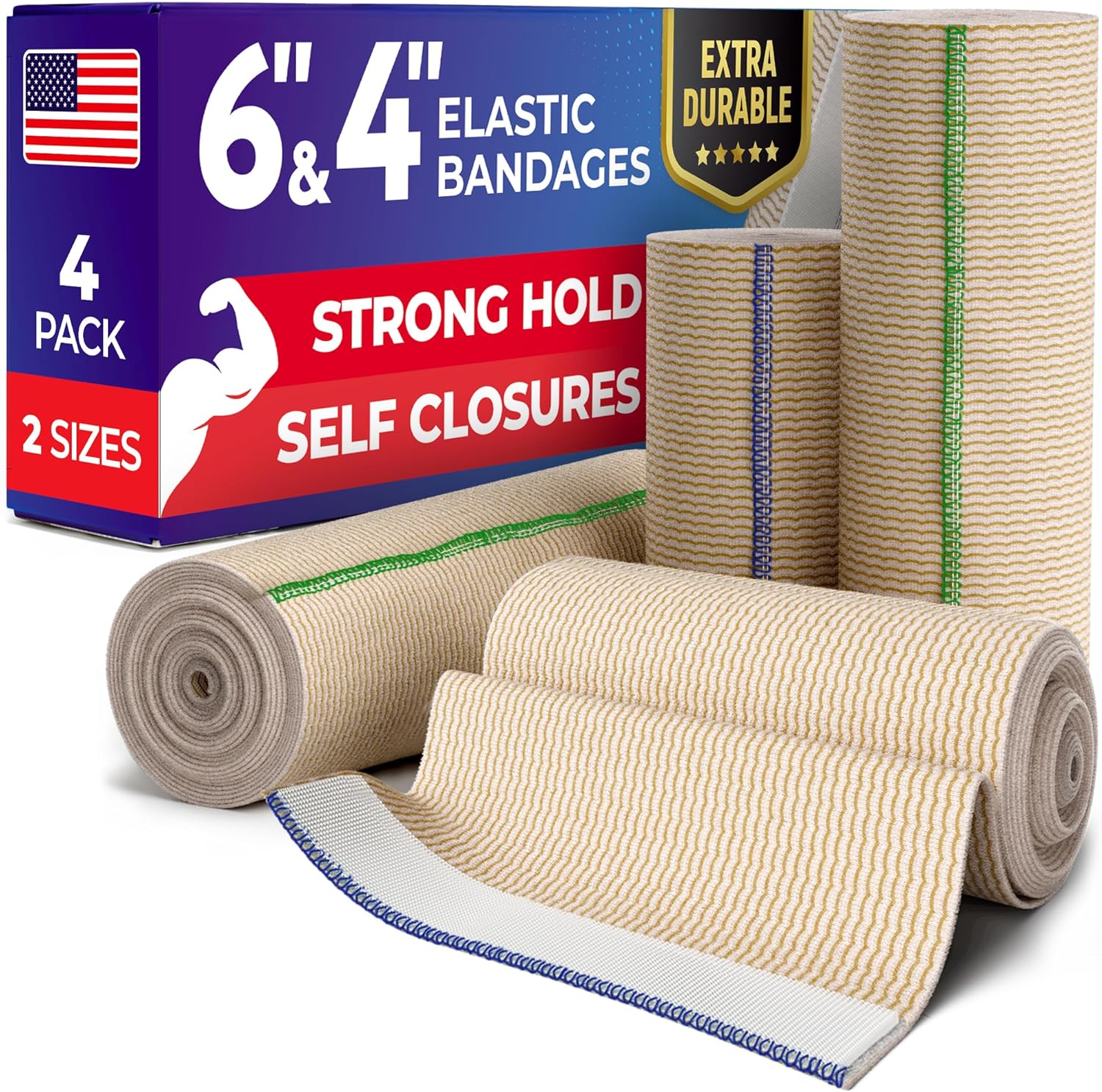 Premium Compression Bandage - 4pk (2x10cm + 2x15cm) - Self-Closing Elastic Banda...