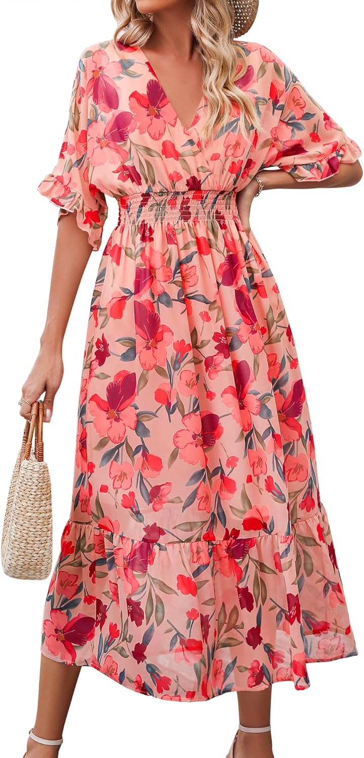 Women's Spring Summer 2024 Floral Midi Dress A Line Chiffon Boho Dress Casual Sh...