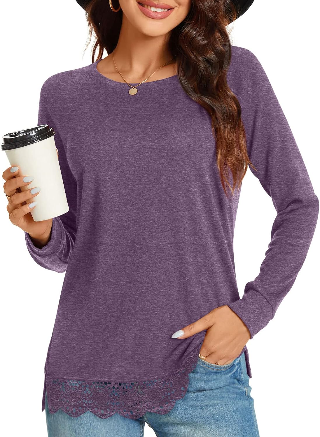 TAOHUADAO Women's Casual Long Sleeve Tops Lace Hem T-Shirt Side Split Tunic 01 H...