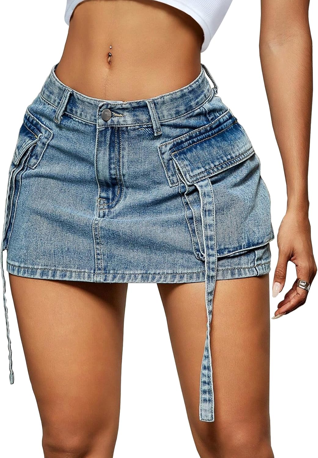 Women Cargo Skirt Denim Mini Low Waist Y2K Jean Skirts with Pockets Large Light...