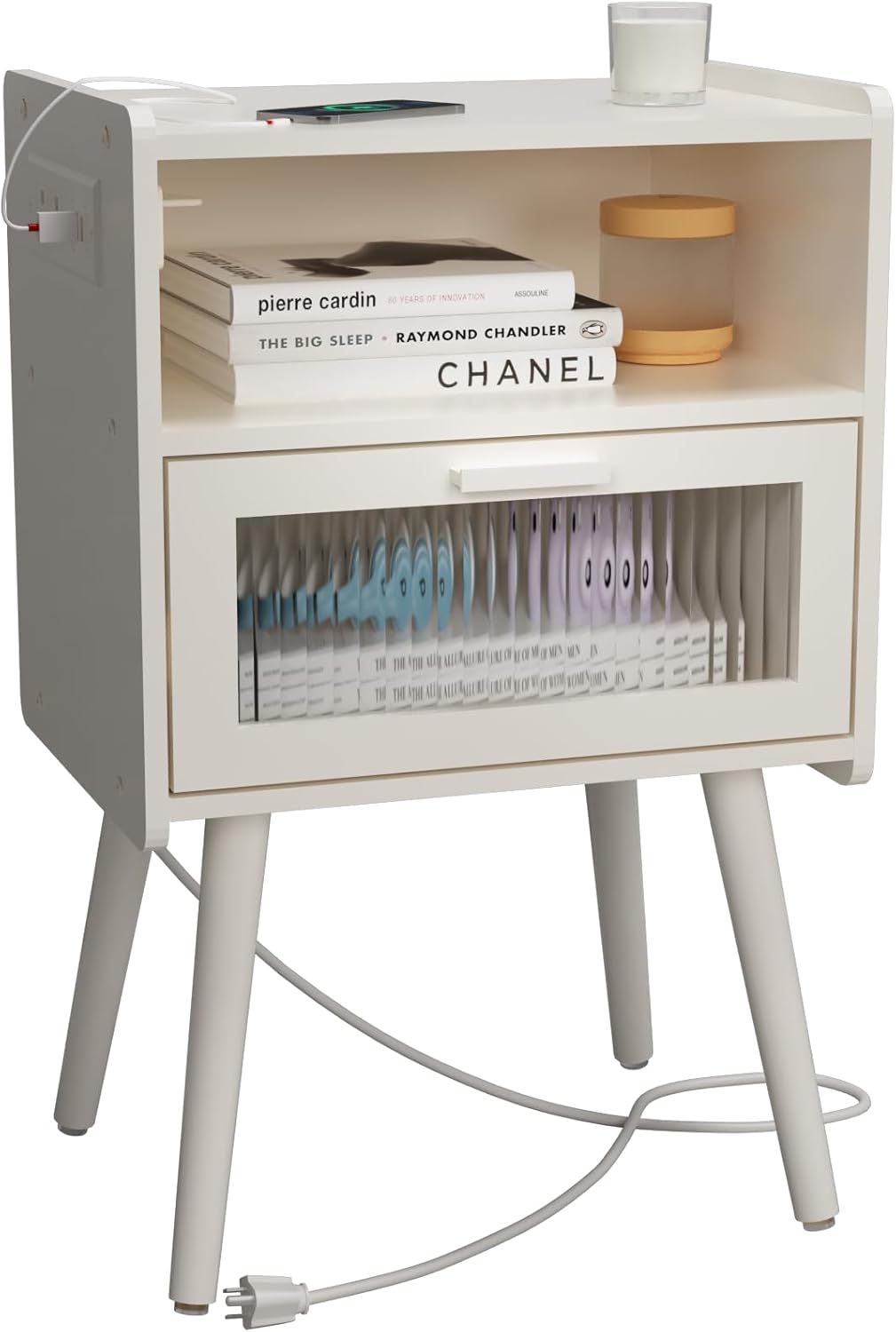 Mid Century Modern Nightstand with Charging Station, Bedside Tables with Glass D...