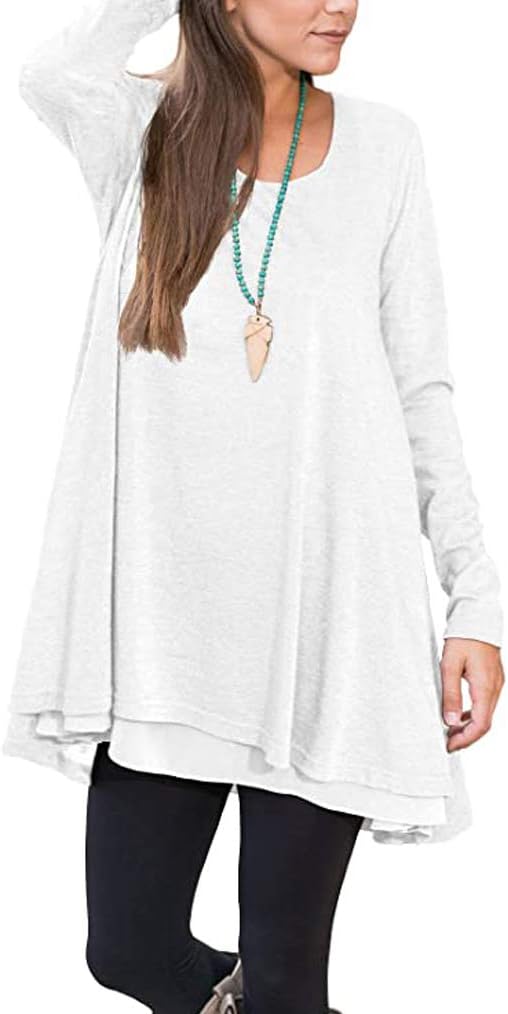 Poetsky Women's Long Sleeve Solid Color Tunic Tops Layered Chiffon Hem Casual Lo...