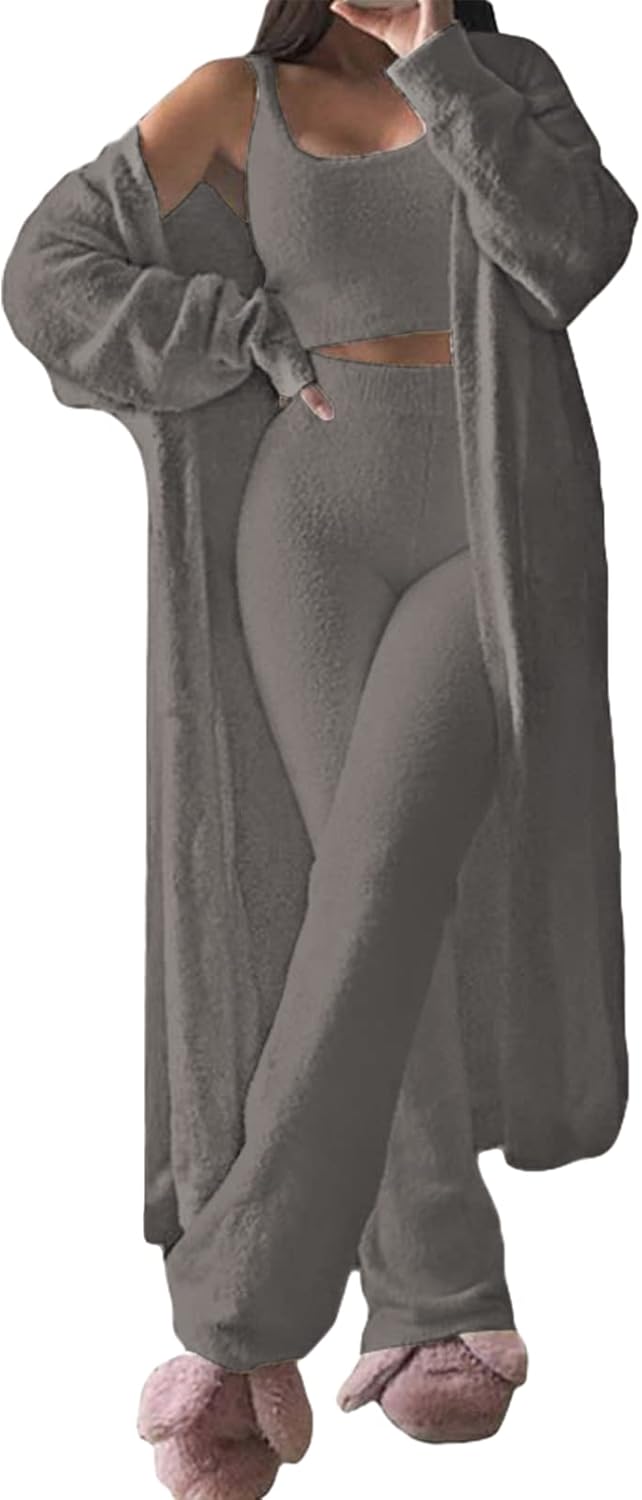 Fixmatti Women's Fuzzy 3 Piece Sweatsuit Open Front Cardigan Crop Tank Tops Wide...