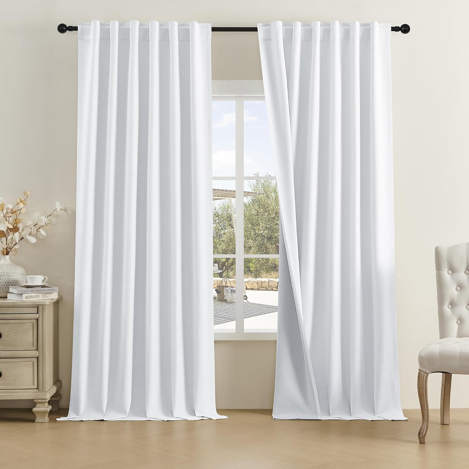 DUALIFE Greyish White Linen 100% Blackout Curtains 96 Inch Long,Light Blocking P...