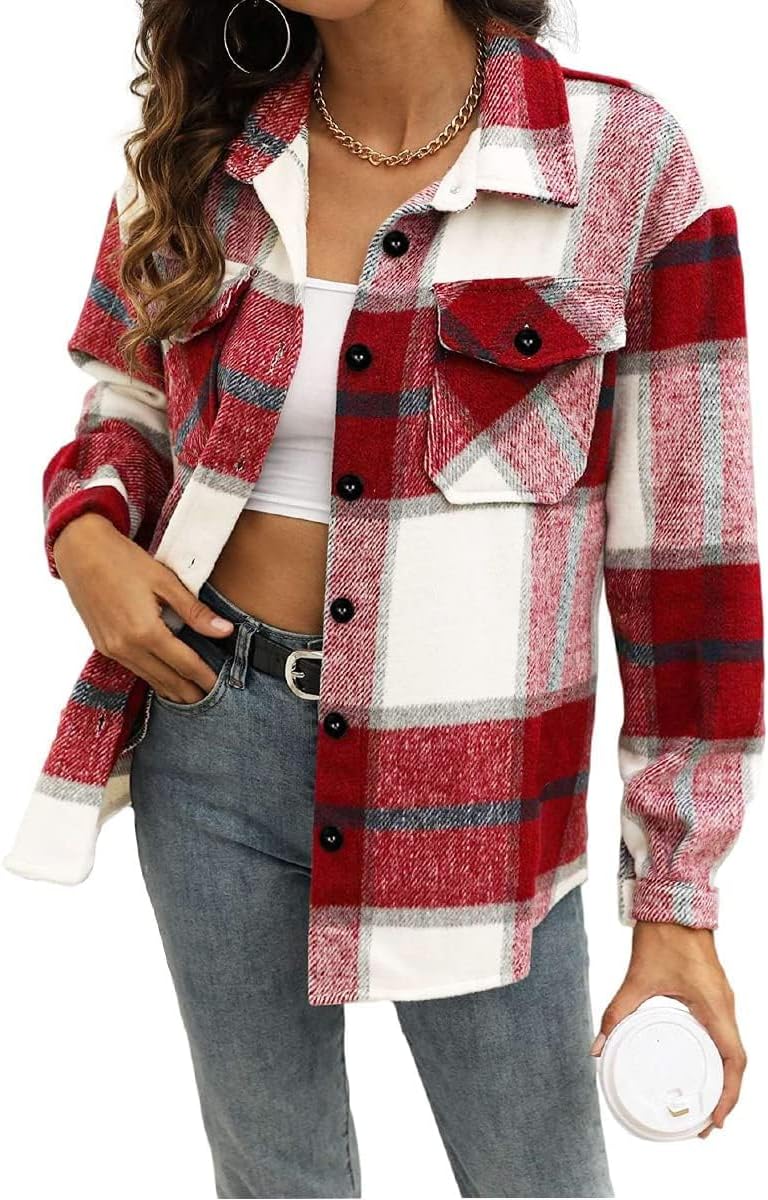 Blansdi Women’s Casual Plaid Flannel Shacket Jacket Oversized Button Down Long S...