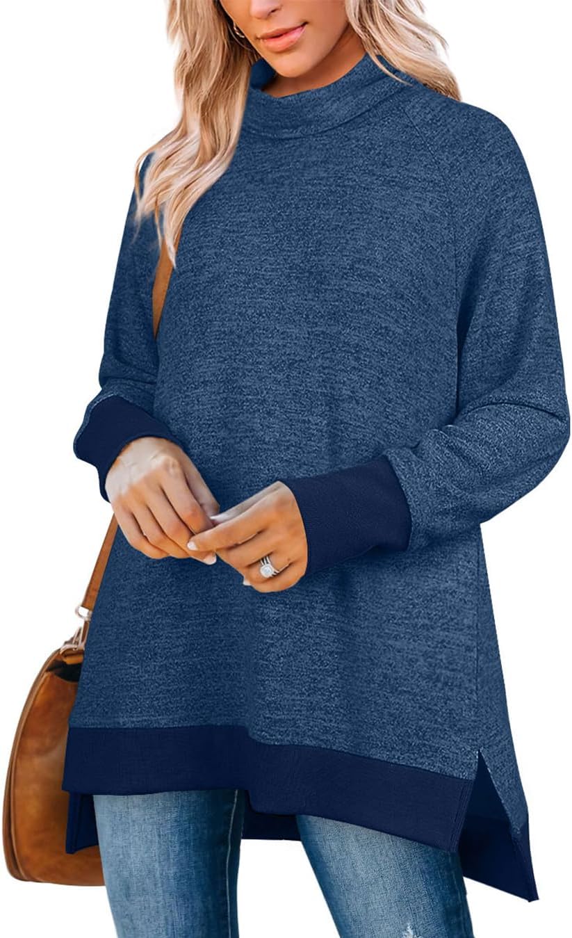 OFEEFAN Women's Turtle Neck Sweatshirts High Low Hem Side Slit Ad Dark Blue XX-L...