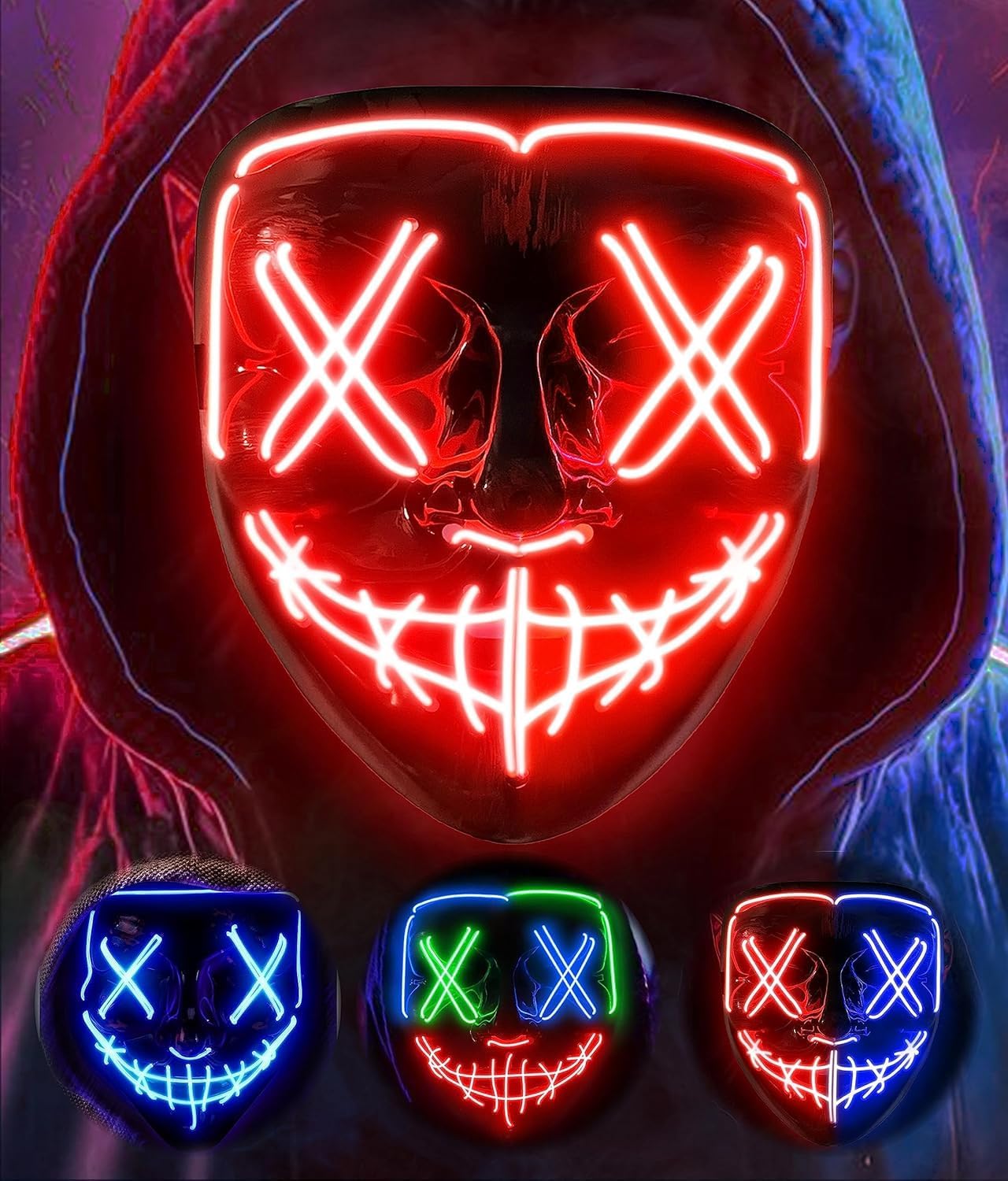 AnanBros Scary LED Halloween Mask, Light up Mask Cosplay, LED Rave Face Mask Cos...