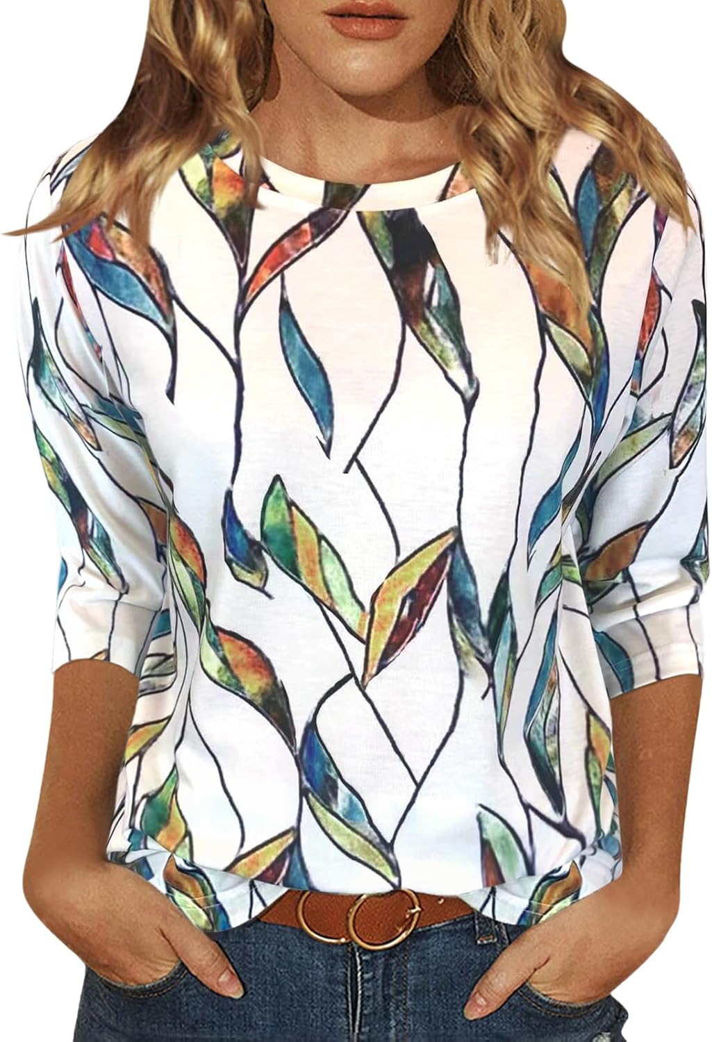 Womens Tops 3/4 Sleeve Shirts Round Neck Loose Casual Blouses Floral Print Tshir...