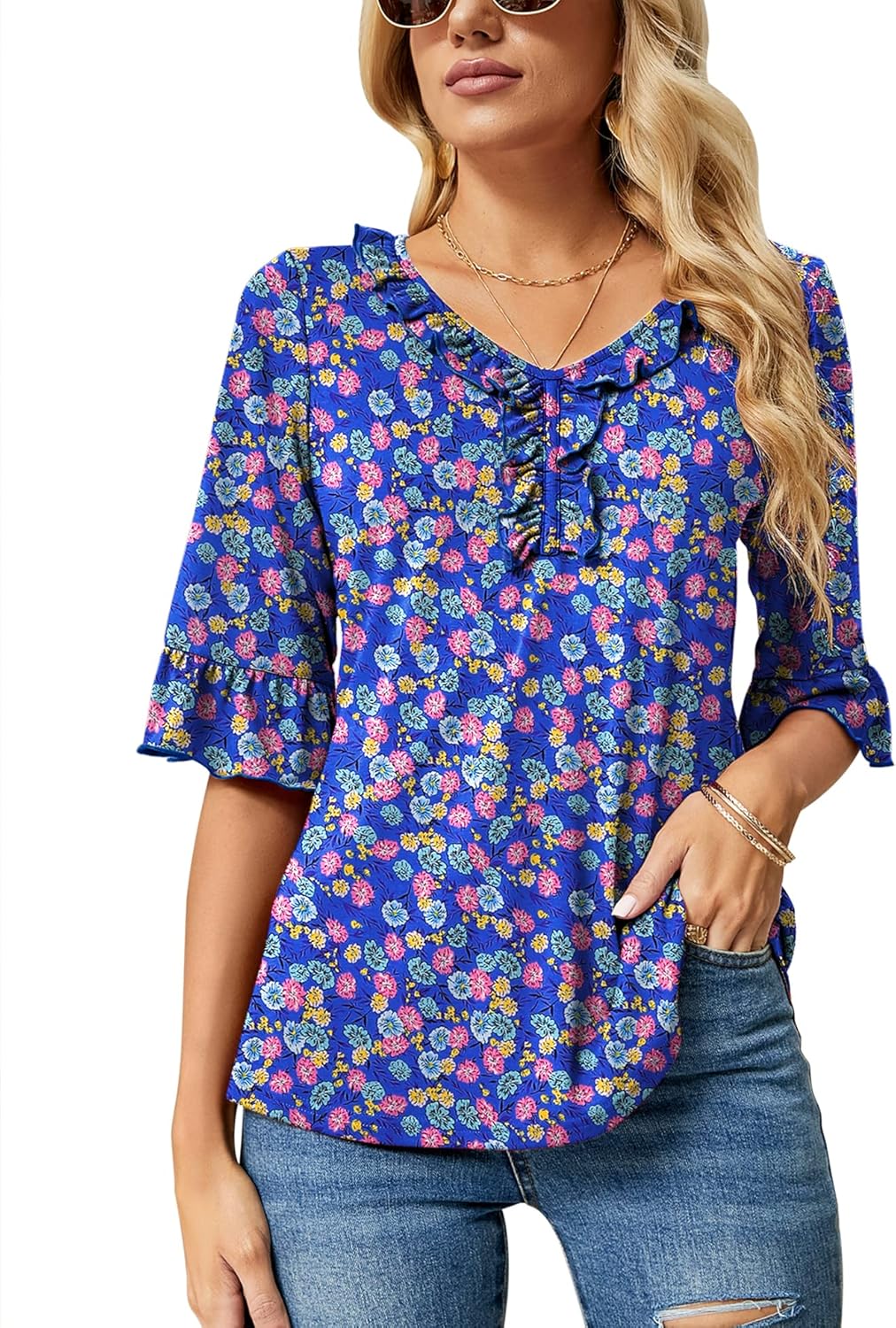 Ivicoer Women's Casual V Neck T Shirts Loose Summer Fall 3/4 Bell Sleeve Tops Ru...