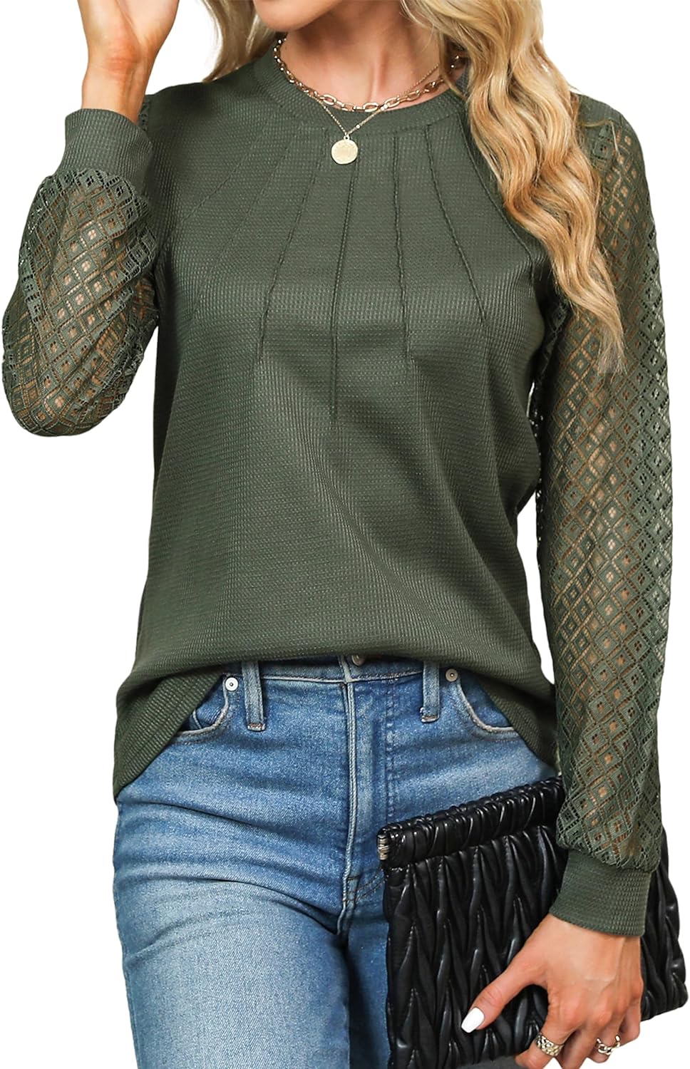 Blooming Jelly Women's Waffle Knit Tops Dressy Business Casual Blouses Lace Long...