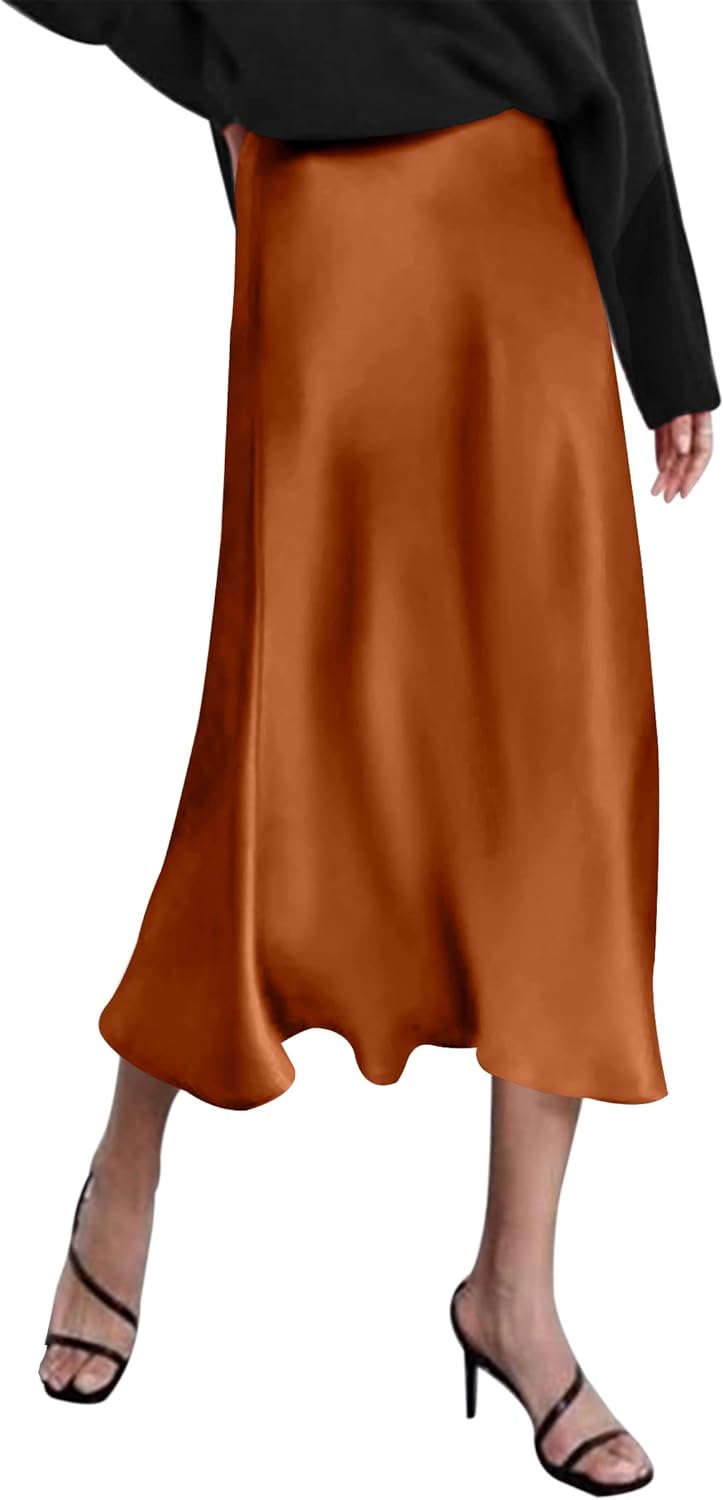 Zeagoo Womens Satin Skirts Casual Silk Midi Skirt High Waisted Long Skirts Zippe...