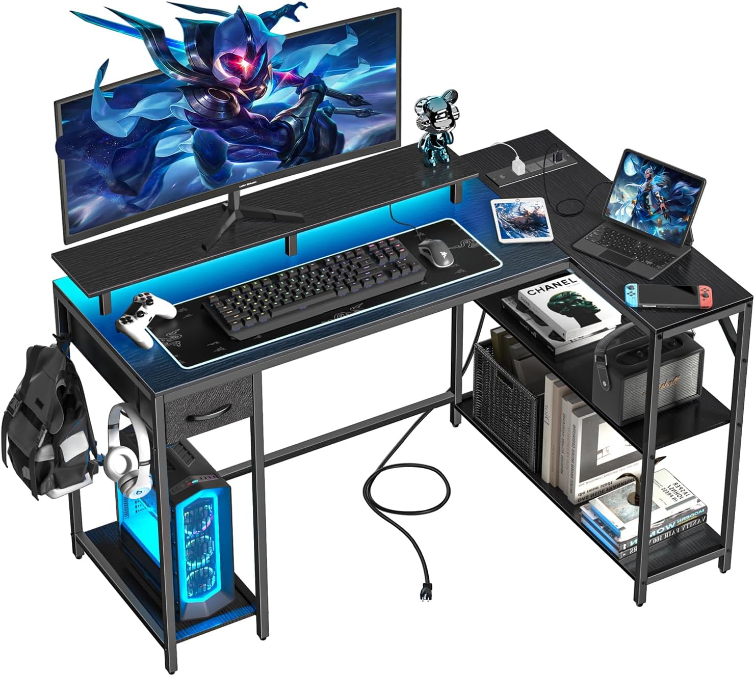 47 inch Gaming Desk with Power Outlet & LED Light, Reversible L Shaped Desk, L S...