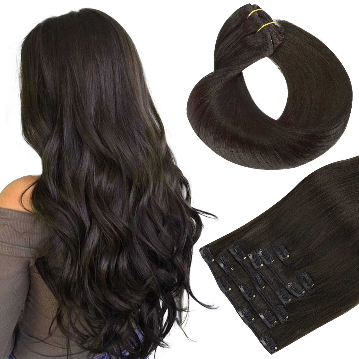 HOTBANANA Human Hair Clip in Hair Extensions, Dark Brown 120g Clip in Hair Exten...