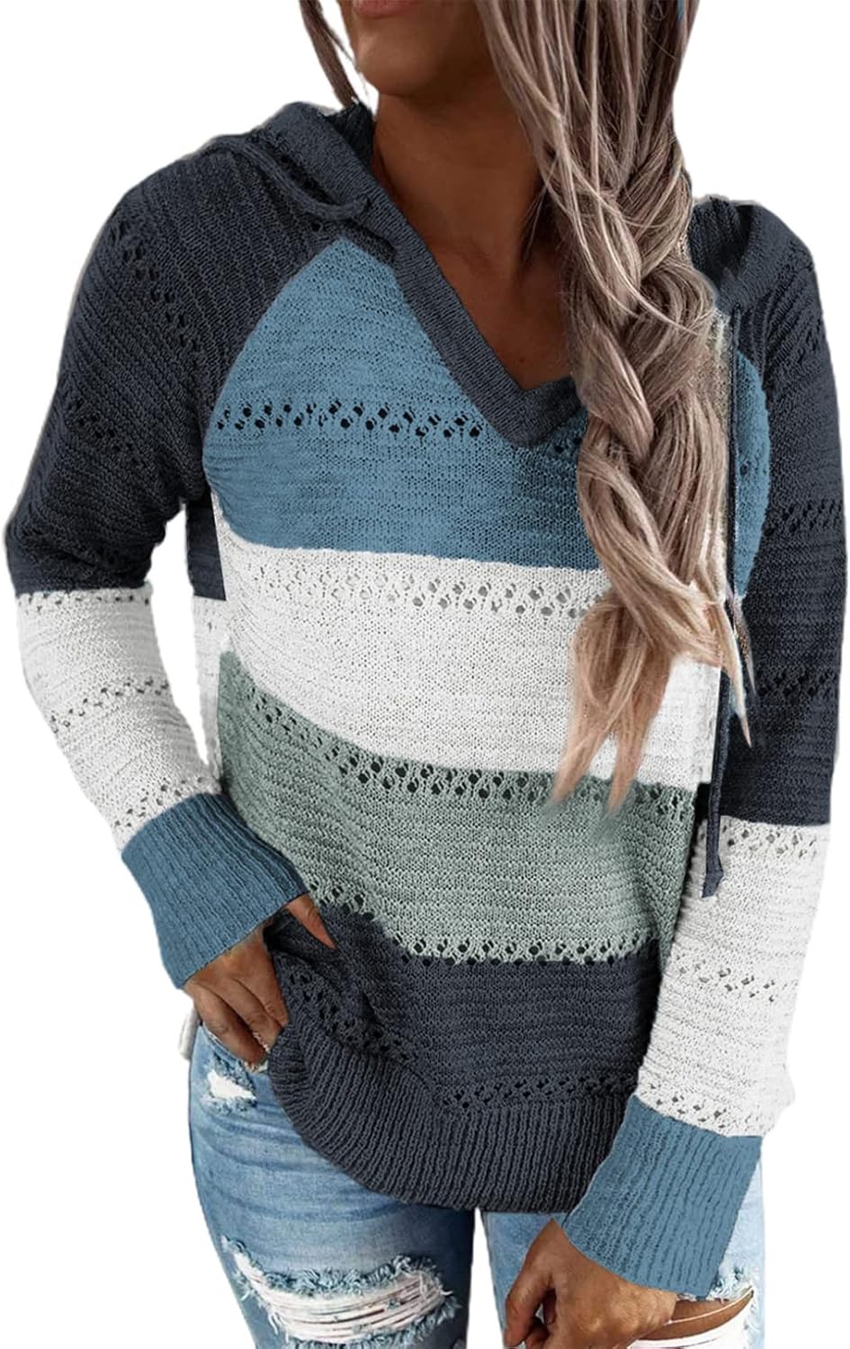 BLENCOT Women Hooded Sweaters, Special Crochet Striped Lightweight Hoodies, Tren...