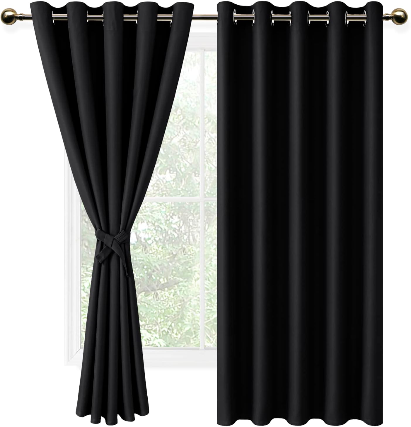 DWCN Black Blackout Curtains with Tiebacks for Bedroom Thermal Insulated Solid E...